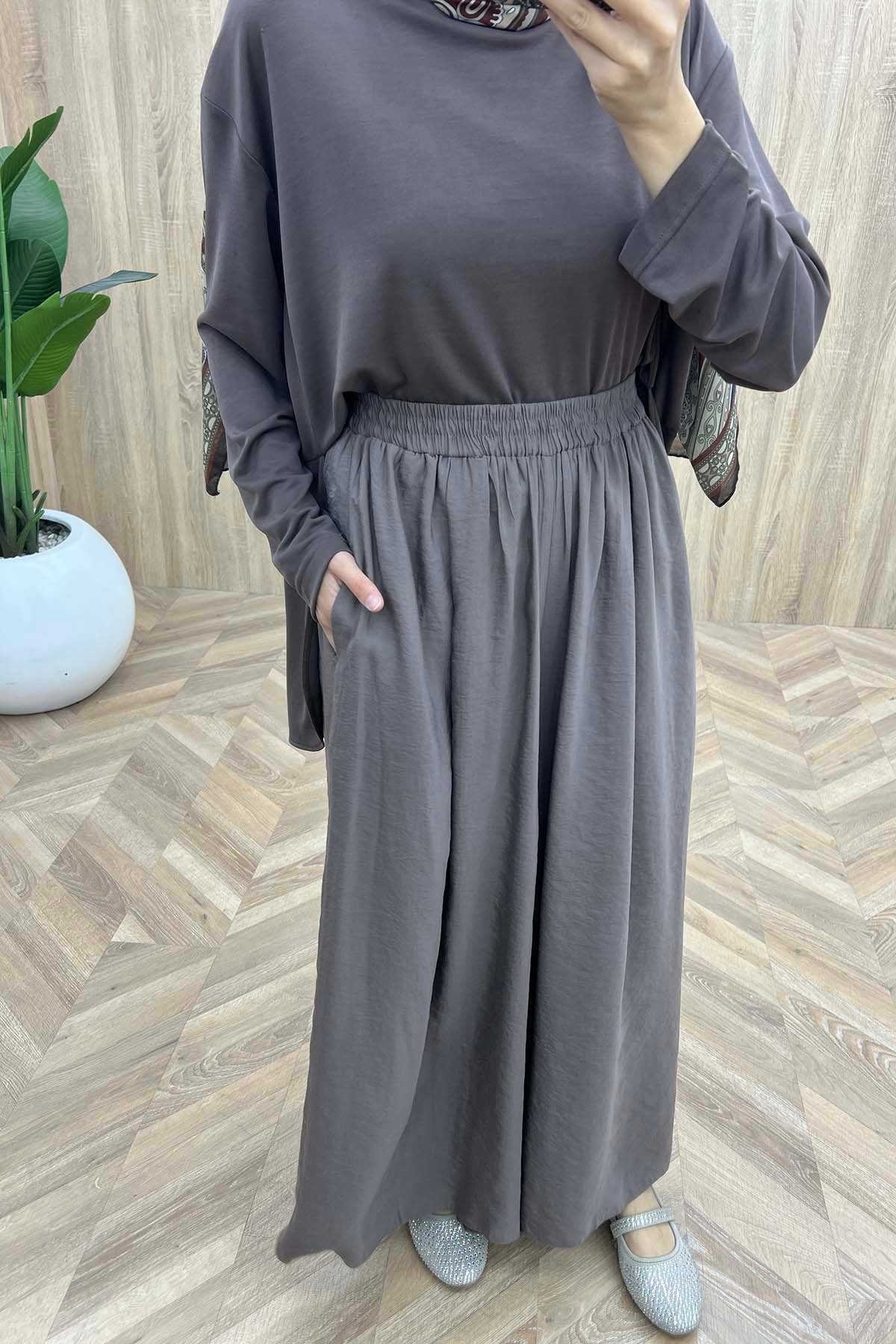 Bel Lastikli Dökümlü Modal Pantalon Vizon