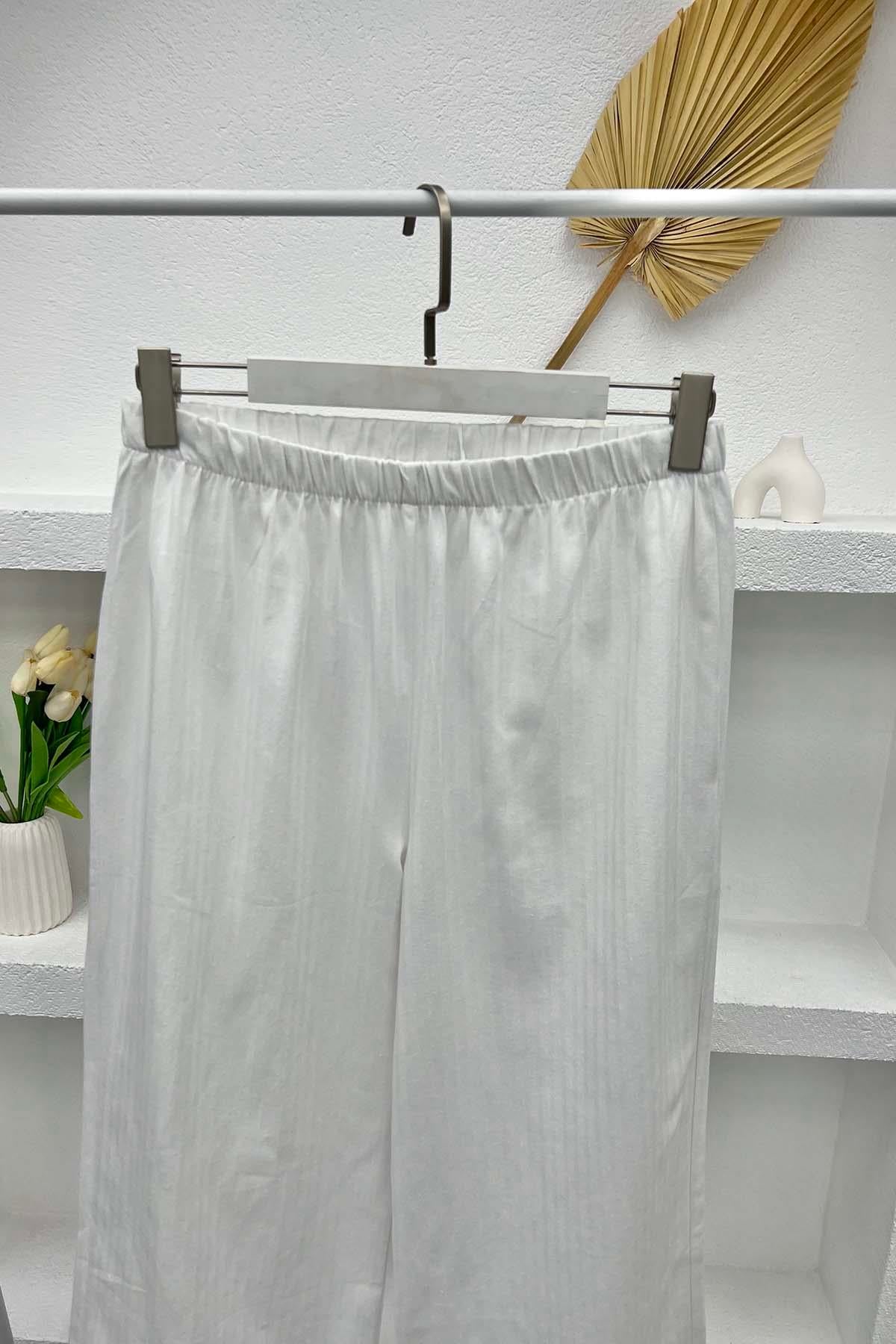 Bel Lastikli Kot Pantolon Beyaz