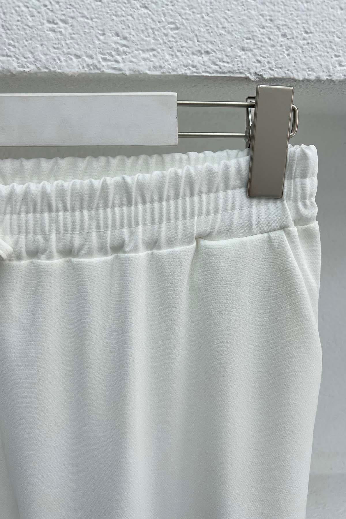 Bel Lastikli Kumaş Pantolon Beyaz