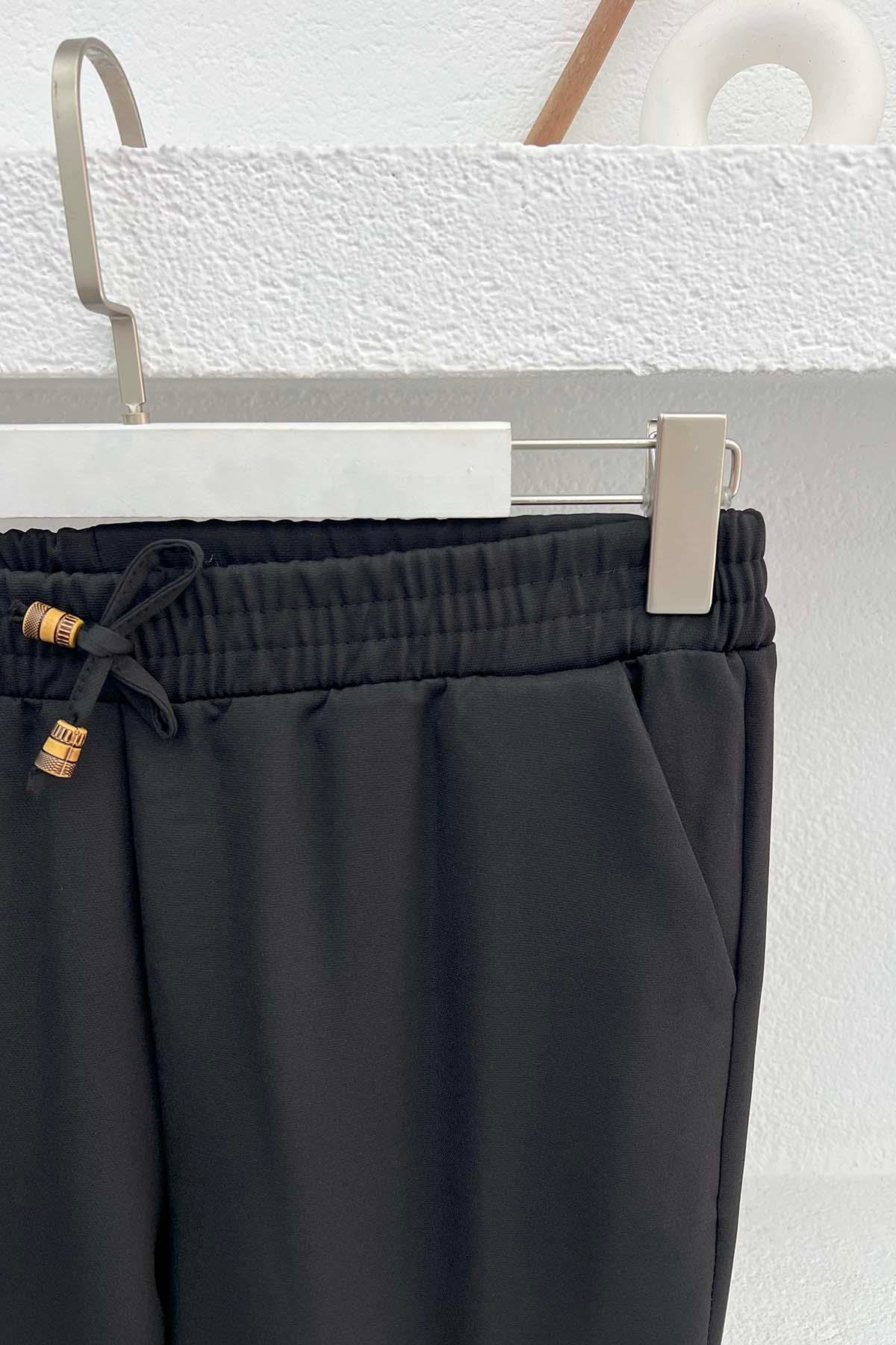 Bel Lastikli Kumaş Pantolon Siyah