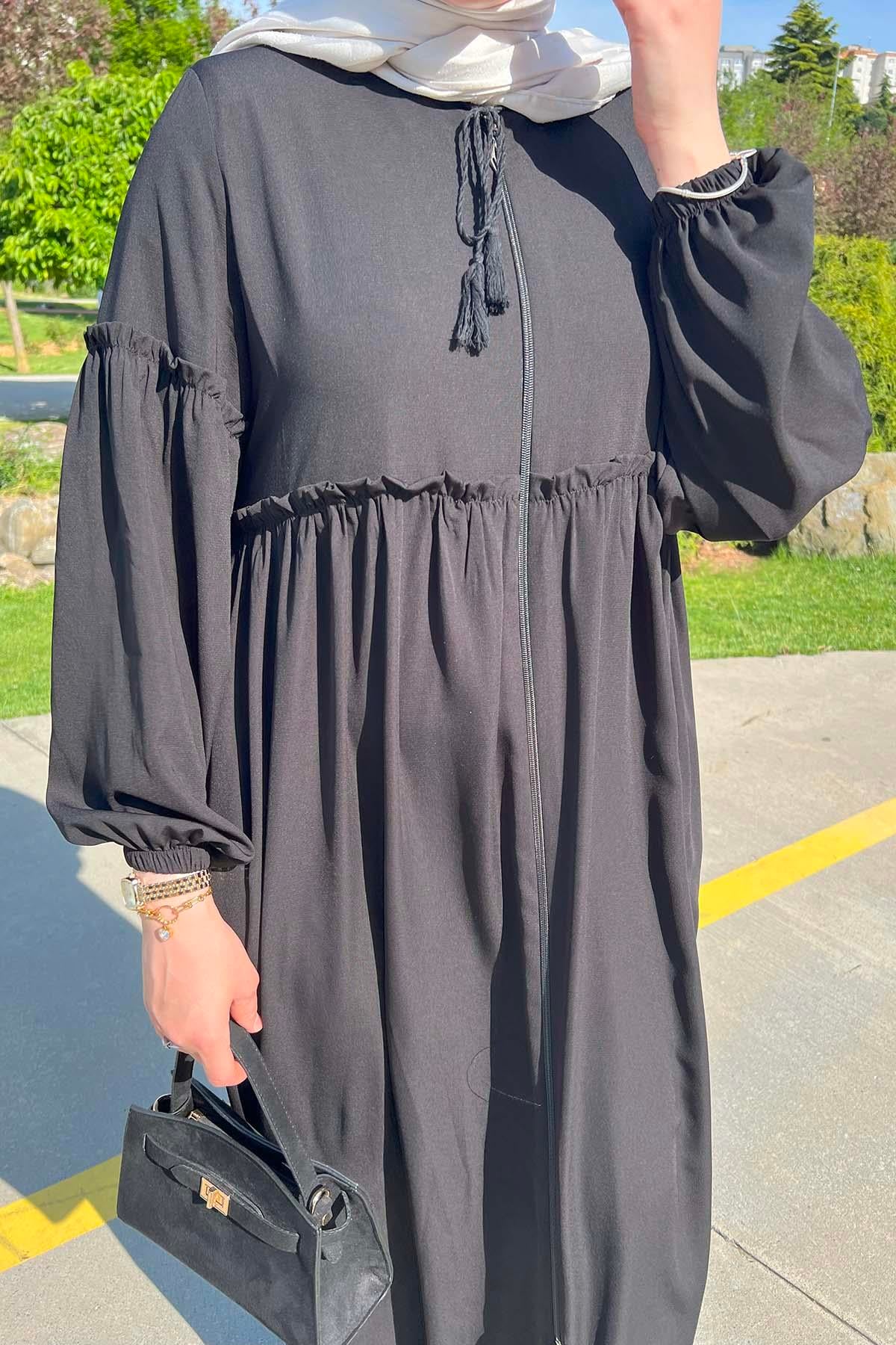 Bel ve Kol Büzgülü Ferace Siyah