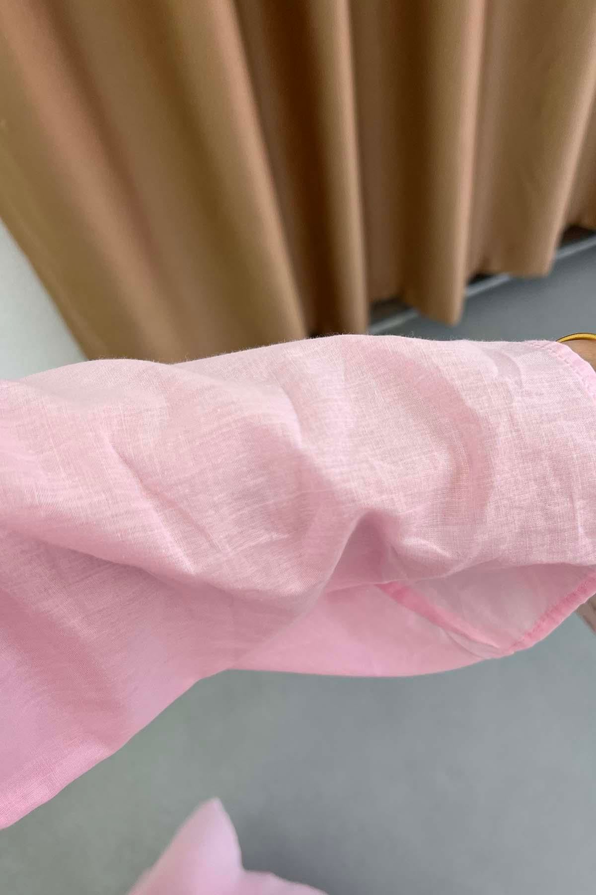 Bel Vurgulu Pileli Maksi Elbise Pembe