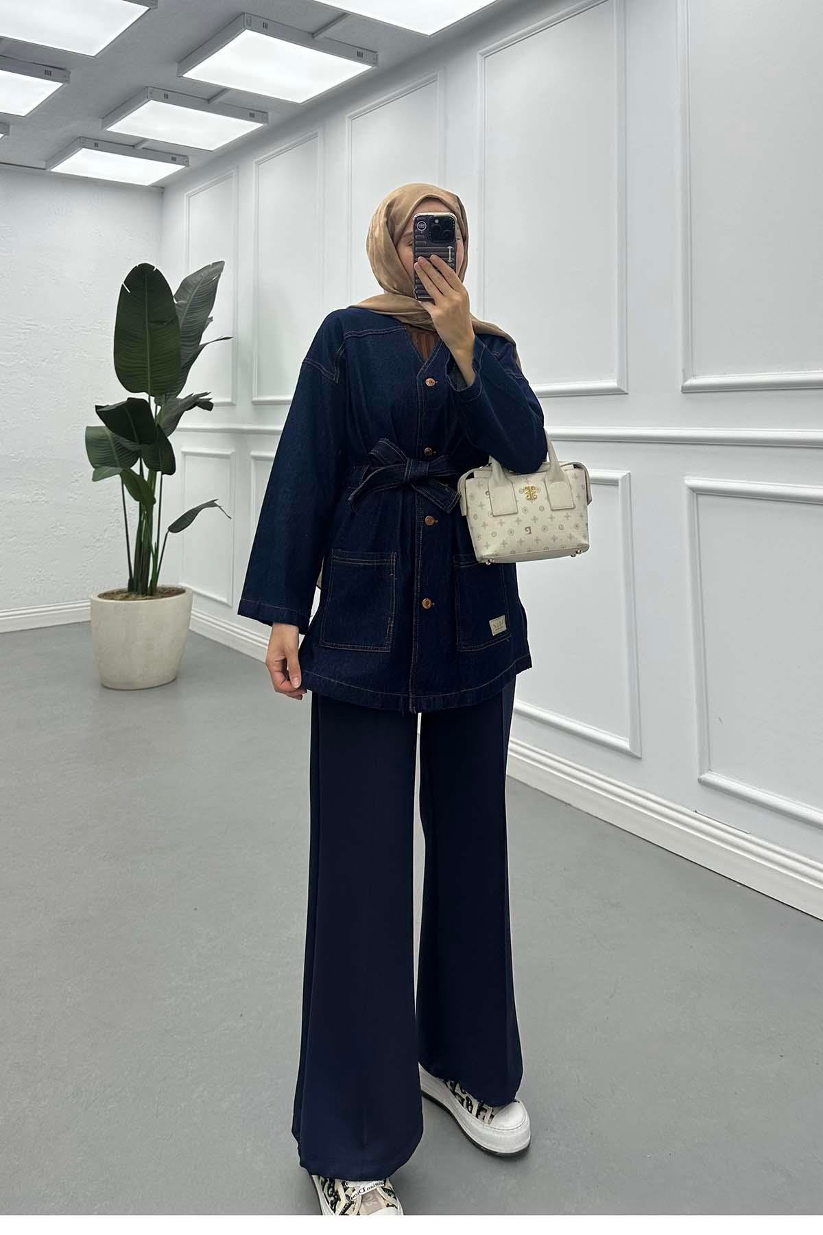 Belden Bağlamalı Denim Ceket Lacivert