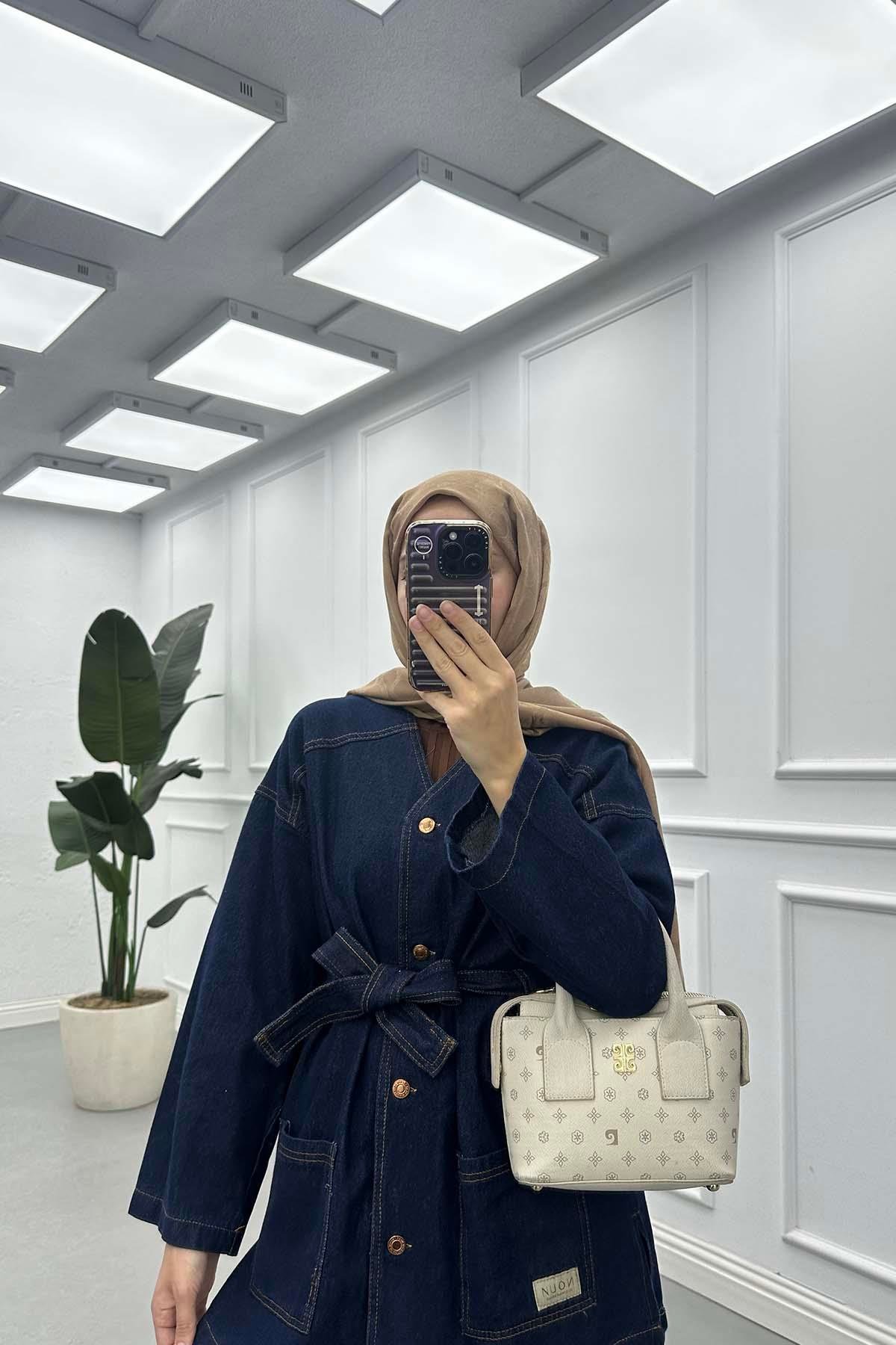 Belden Bağlamalı Denim Ceket Lacivert
