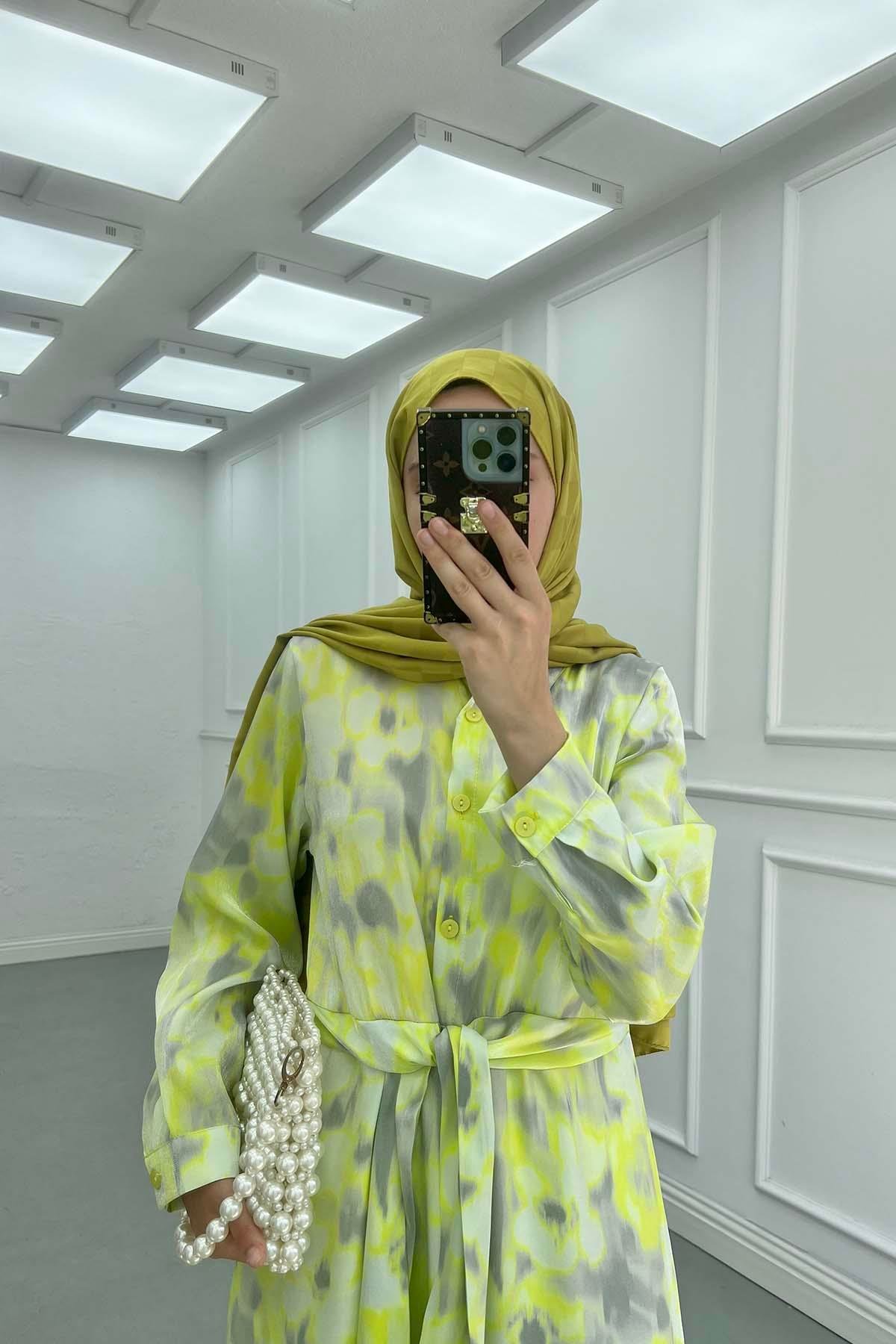 Belden Bağlamalı Desenli Elbise Neon Yeşil