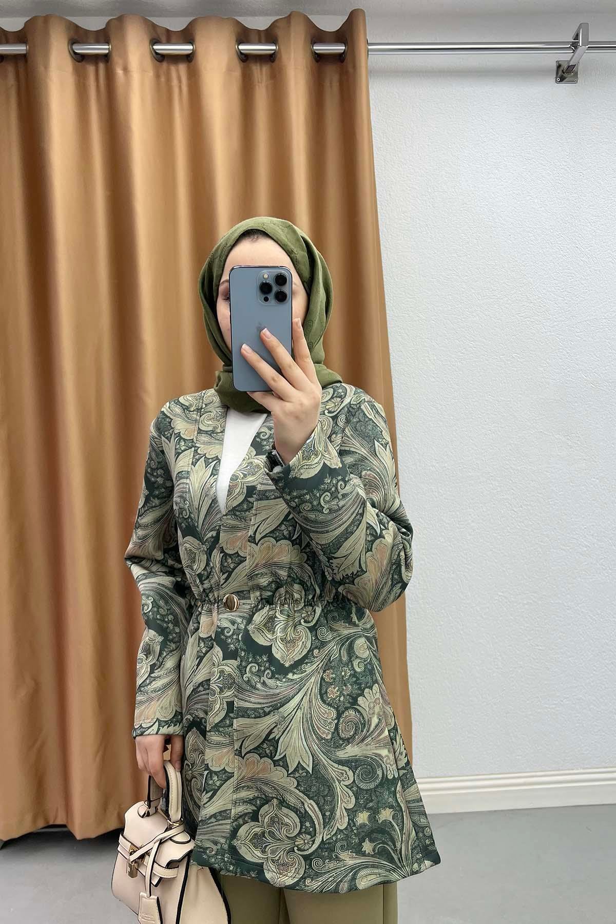 Belden Büzgülü Etnik Motifli Ceket Yeşil