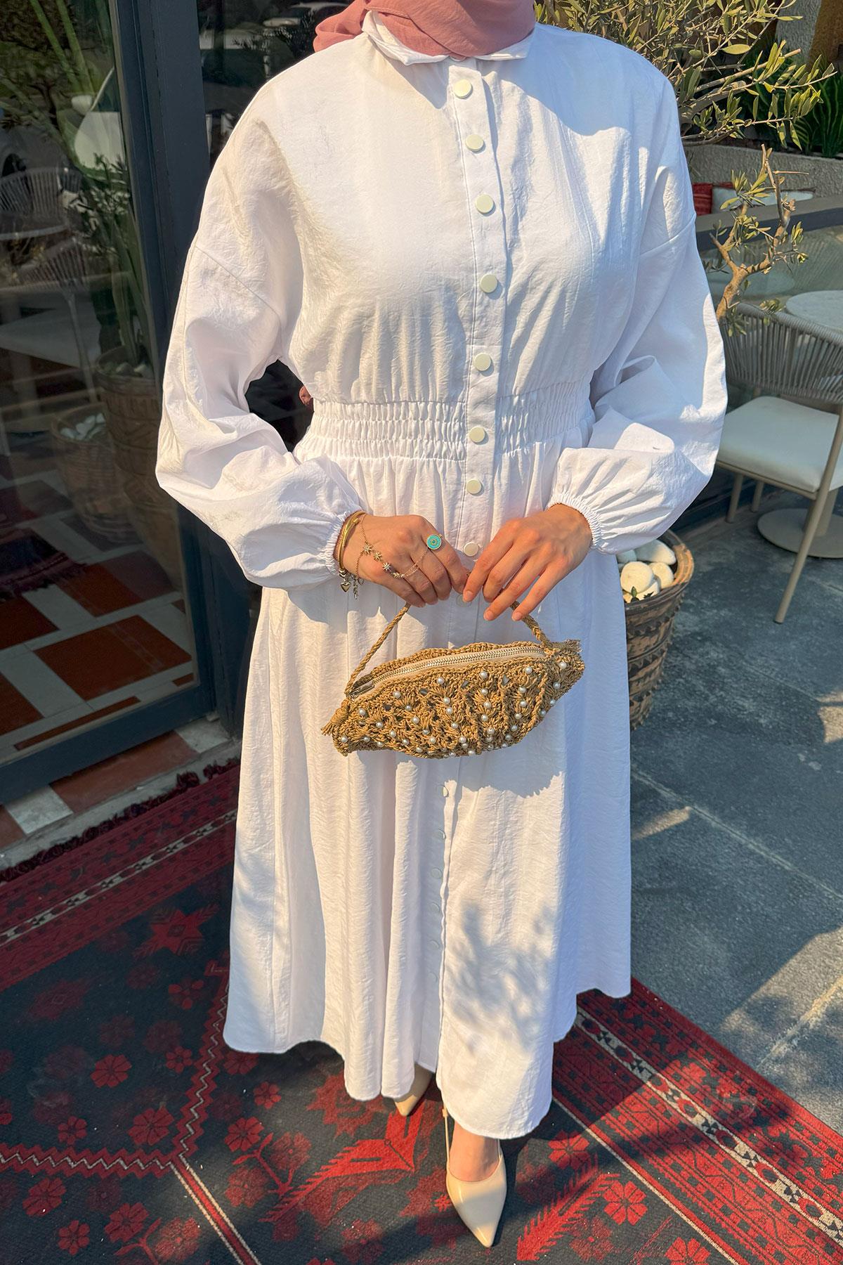 Beli Bastikli Paraşüt Elbise Beyaz