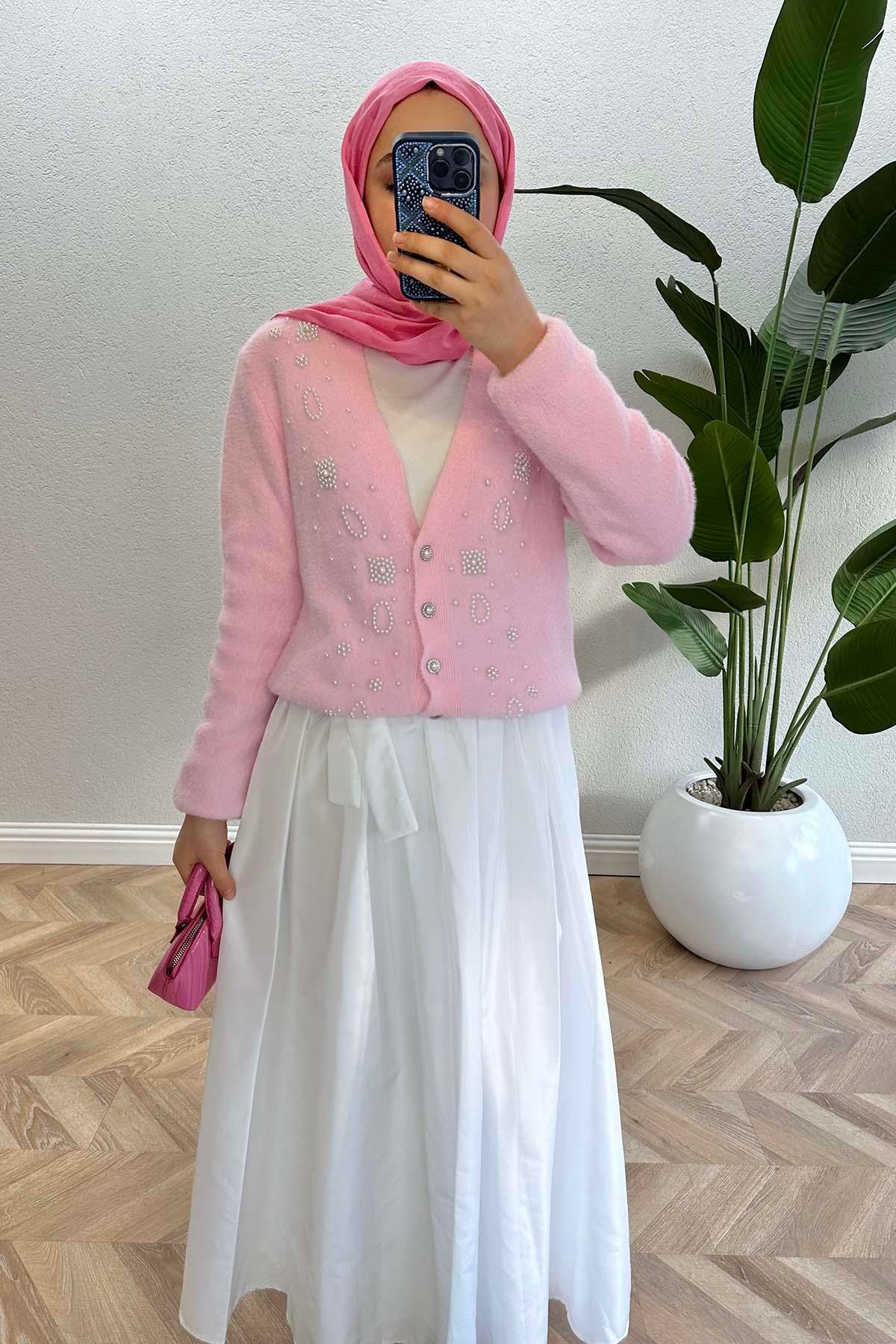 Beli Kuşaklı Paraşüt Etek Beyaz