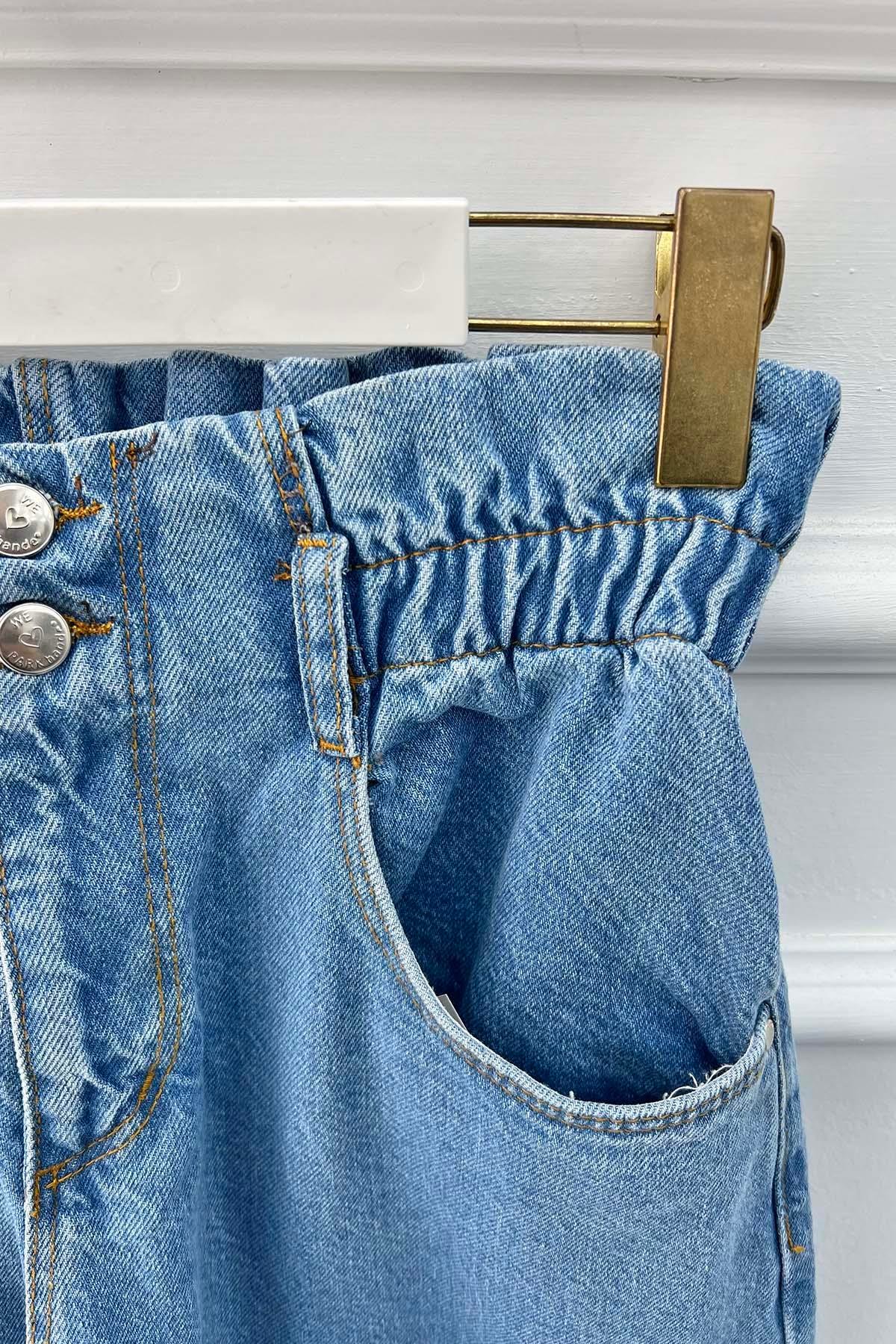 Beli Lastikli Çift Düğme Kot Pantolon Açık Mavi