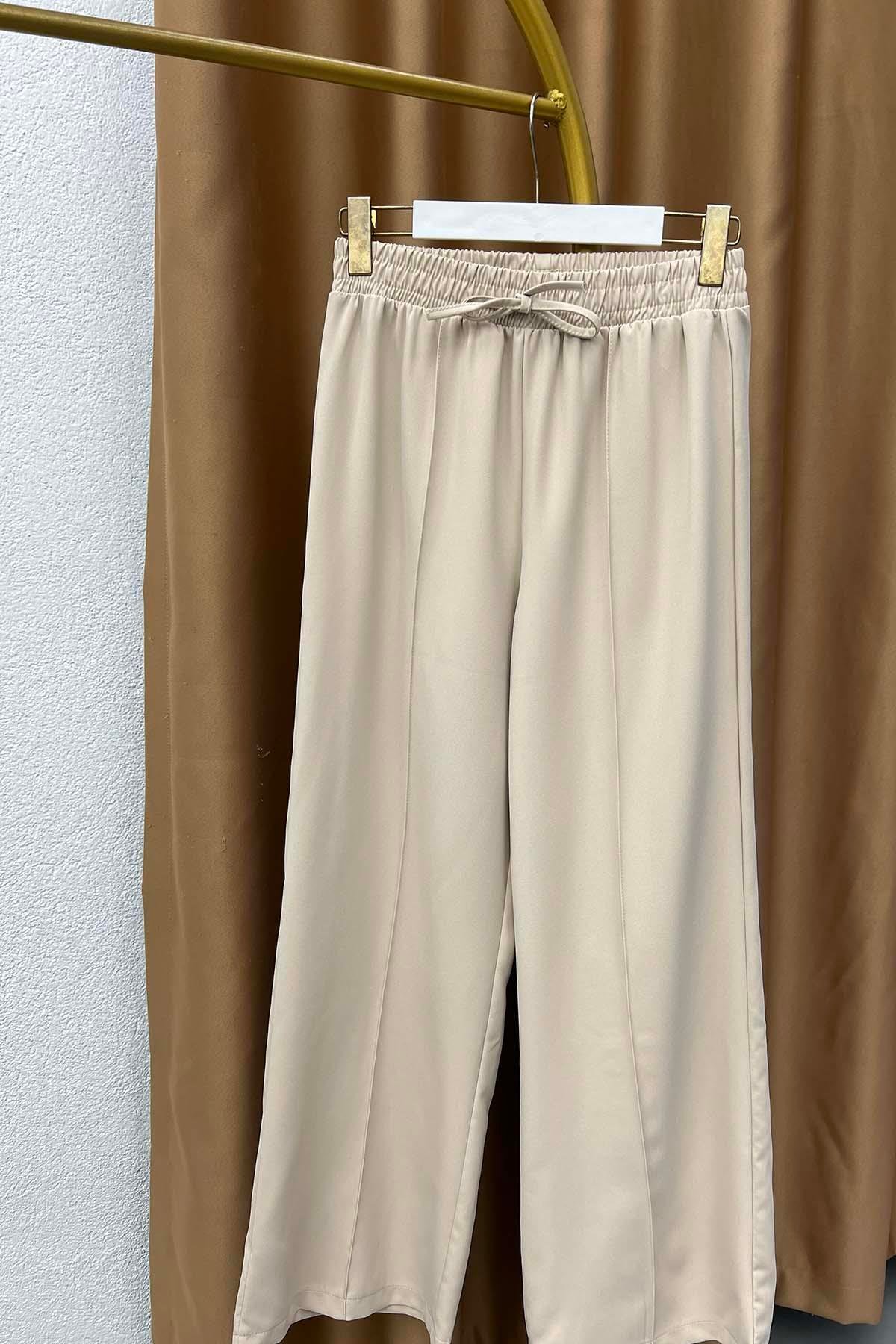 Beli Lastikli Çımalı Krep Pantalon Bej