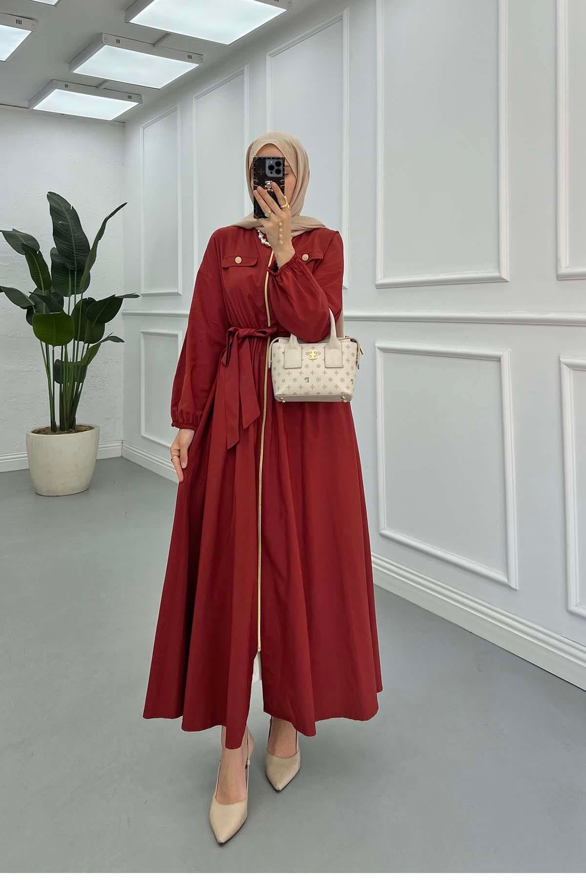 Beli Lastikli Fermuarlı Elbise Bordo