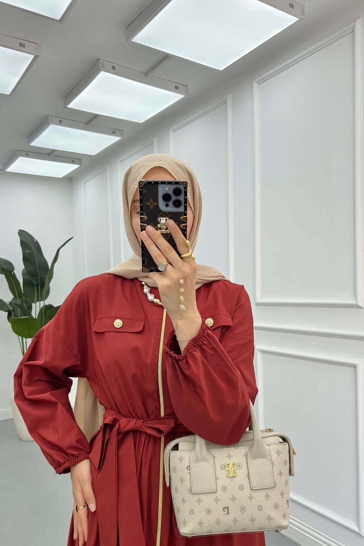Beli Lastikli Fermuarlı Elbise Bordo