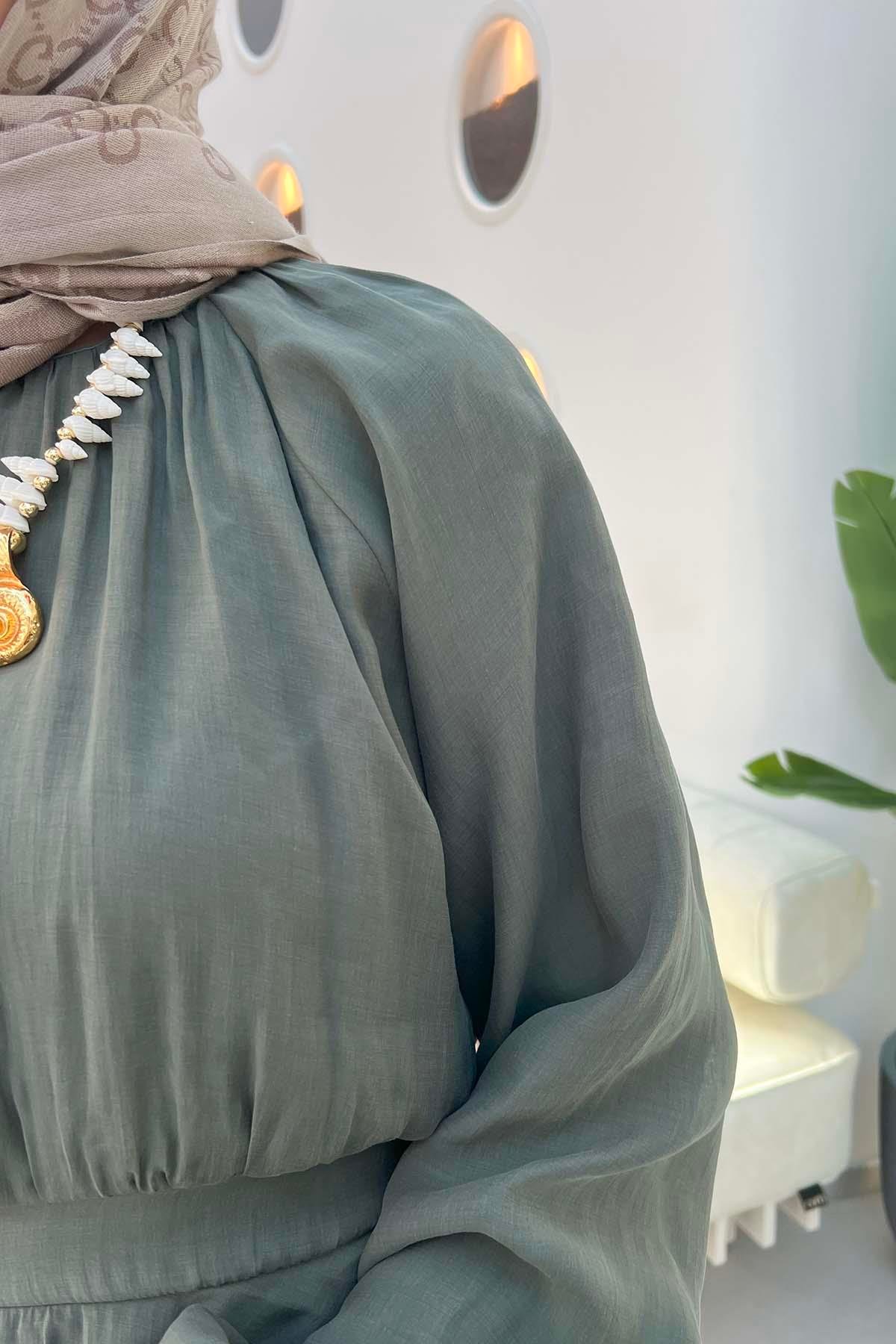Beli Lastikli Fırfır Detay (Astarlı) Elbise Çağla Yeşili