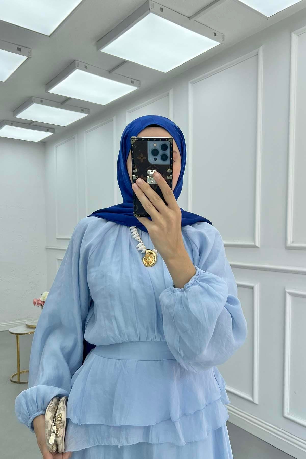 Beli Lastikli Fırfır Detay (Astarlı) Elbise Bebe Mavi
