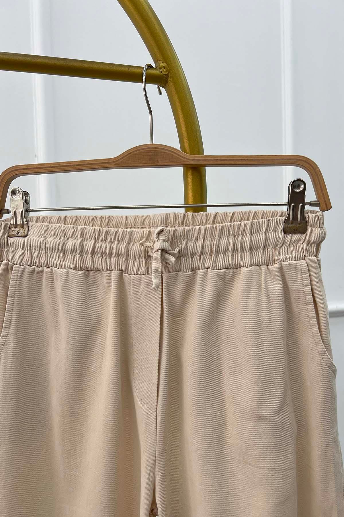 Beli Lastikli Kot Pantolon Bej