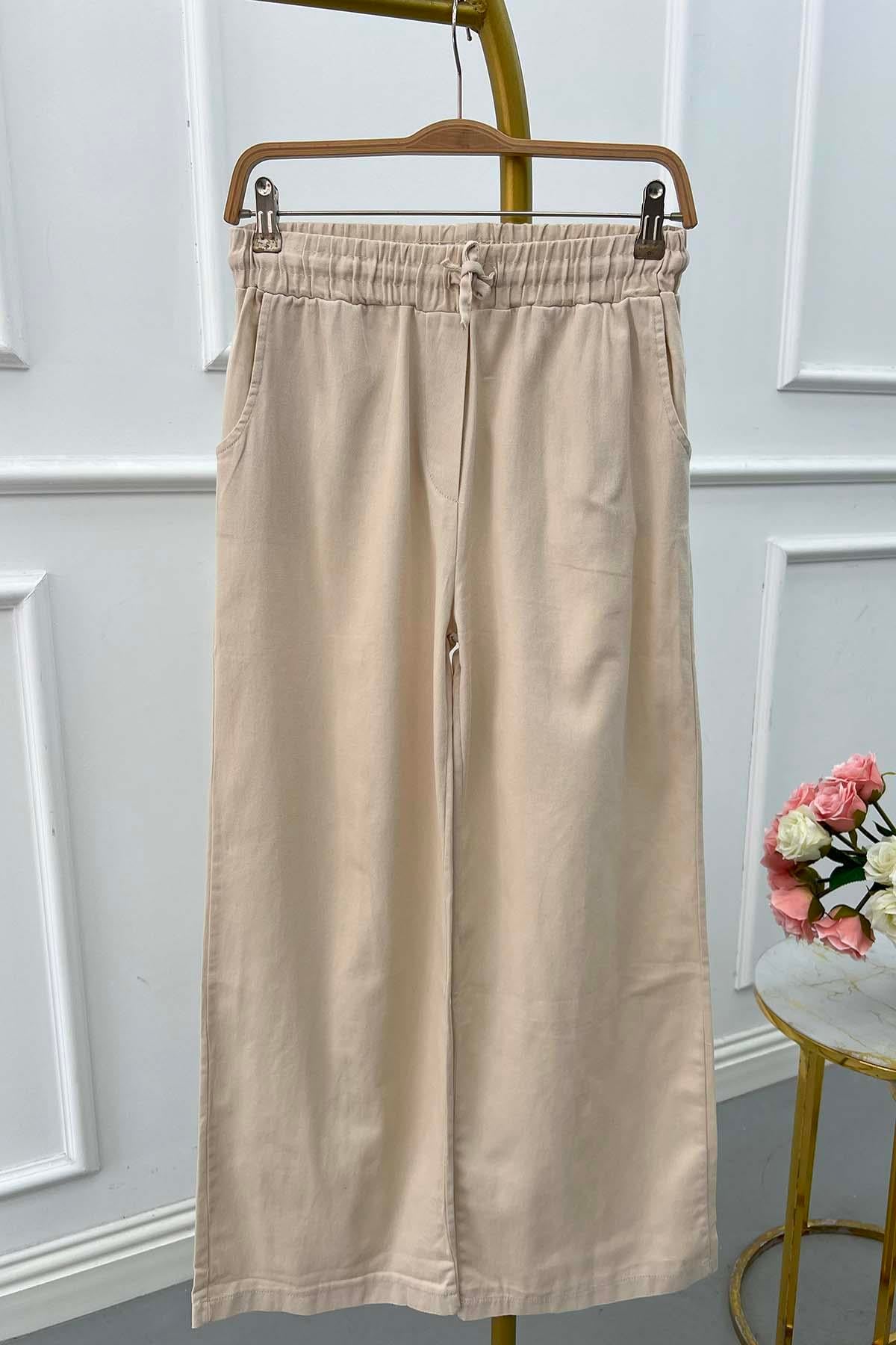 Beli Lastikli Kot Pantolon Bej
