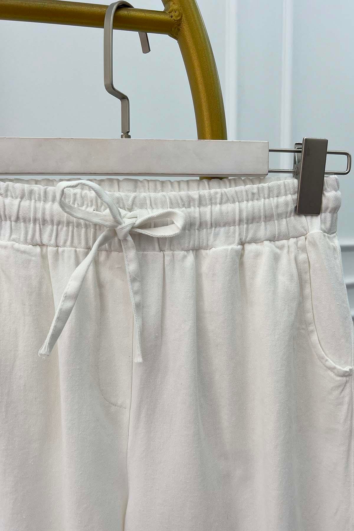 Beli Lastikli Kot Pantolon Beyaz
