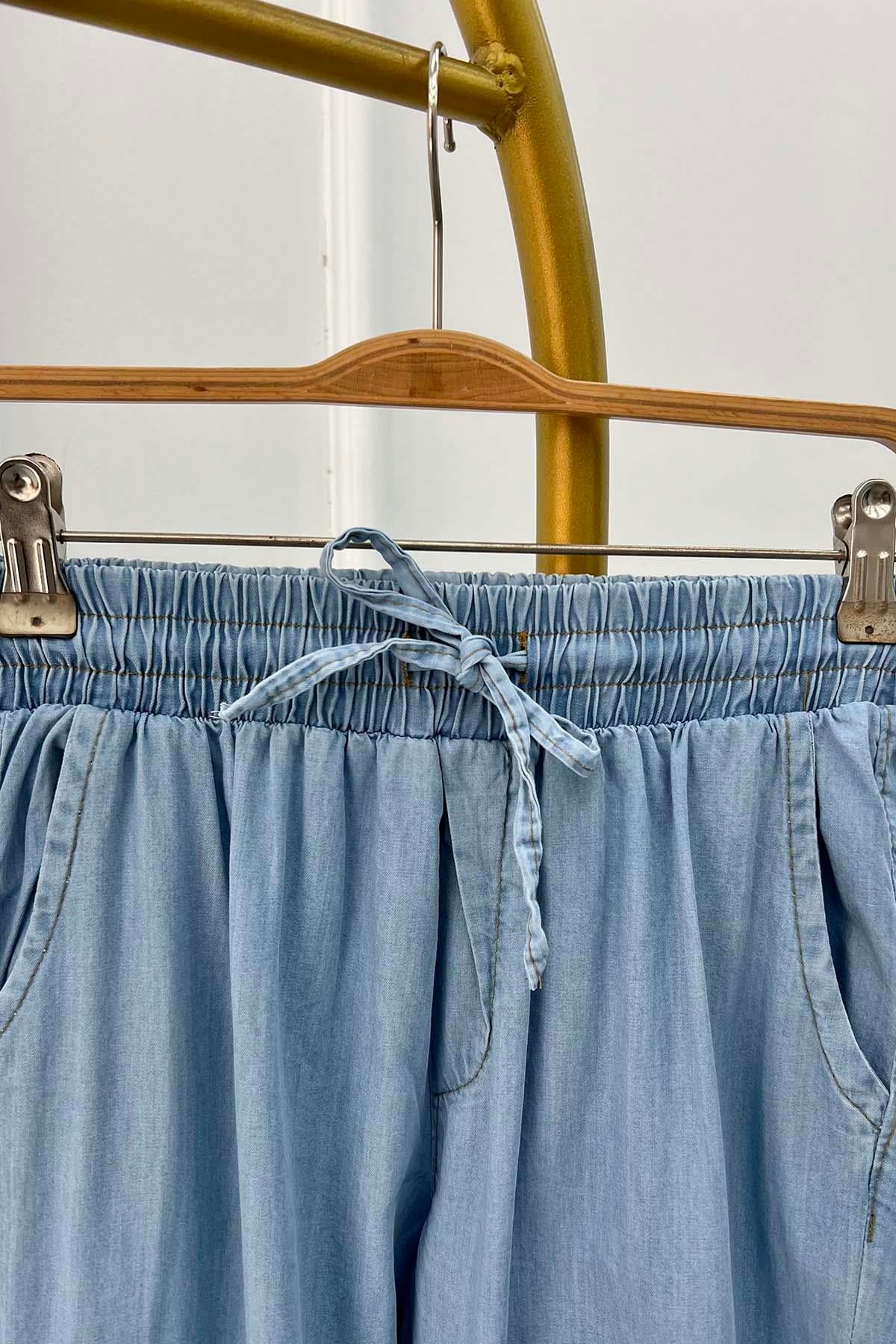 Beli Lastikli Paça Katlamalı Kot Görünümlü Pantalon Mavi