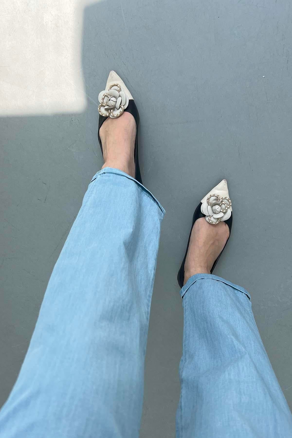 Beli Lastikli Paça Katlamalı Kot Görünümlü Pantalon Mavi