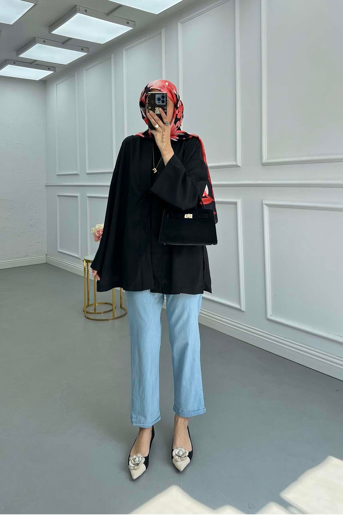 Beli Lastikli Paça Katlamalı Kot Görünümlü Pantalon Mavi