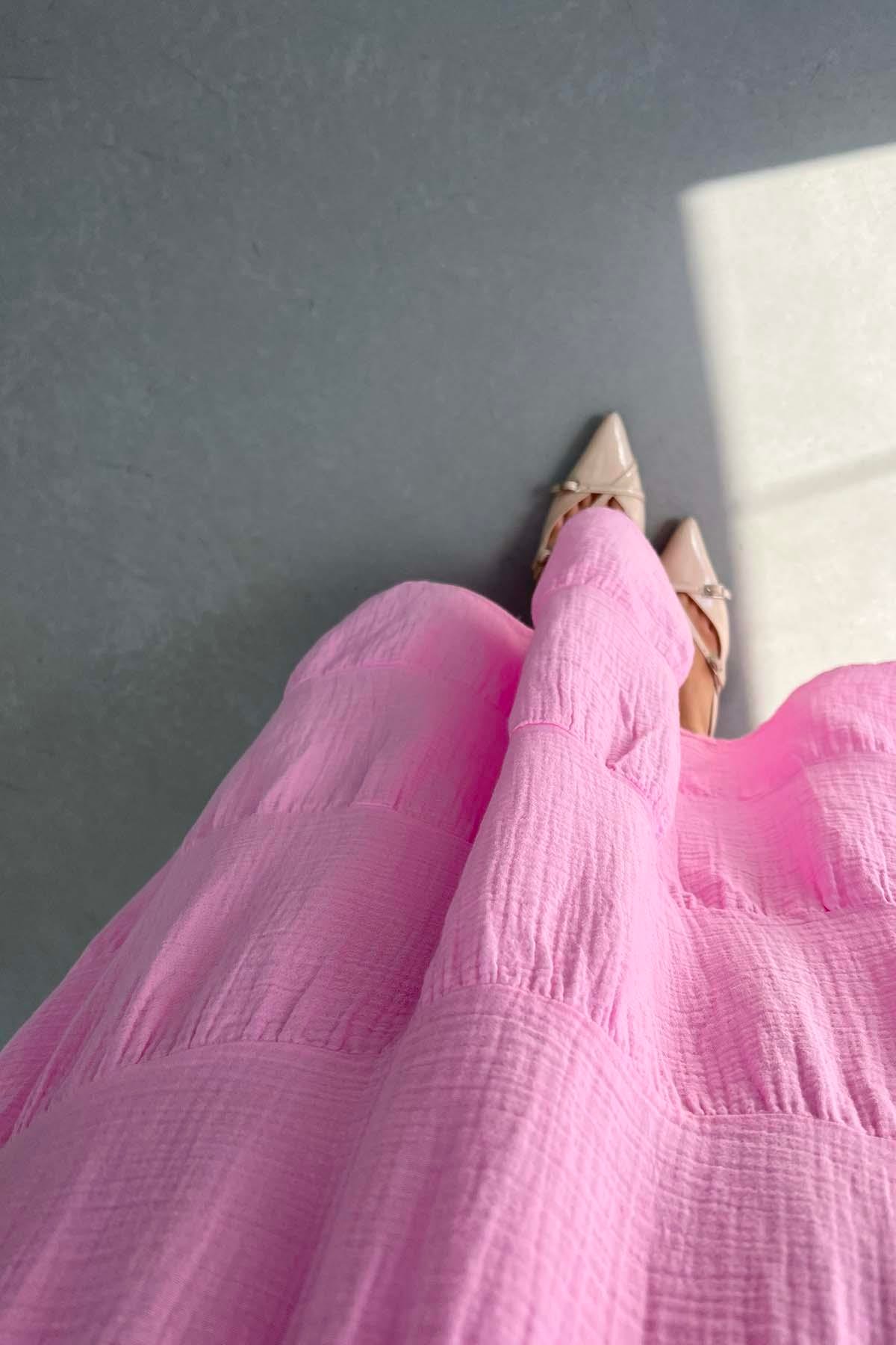 Beli Lastikli Pamuklu Astarlı Etek Pembe