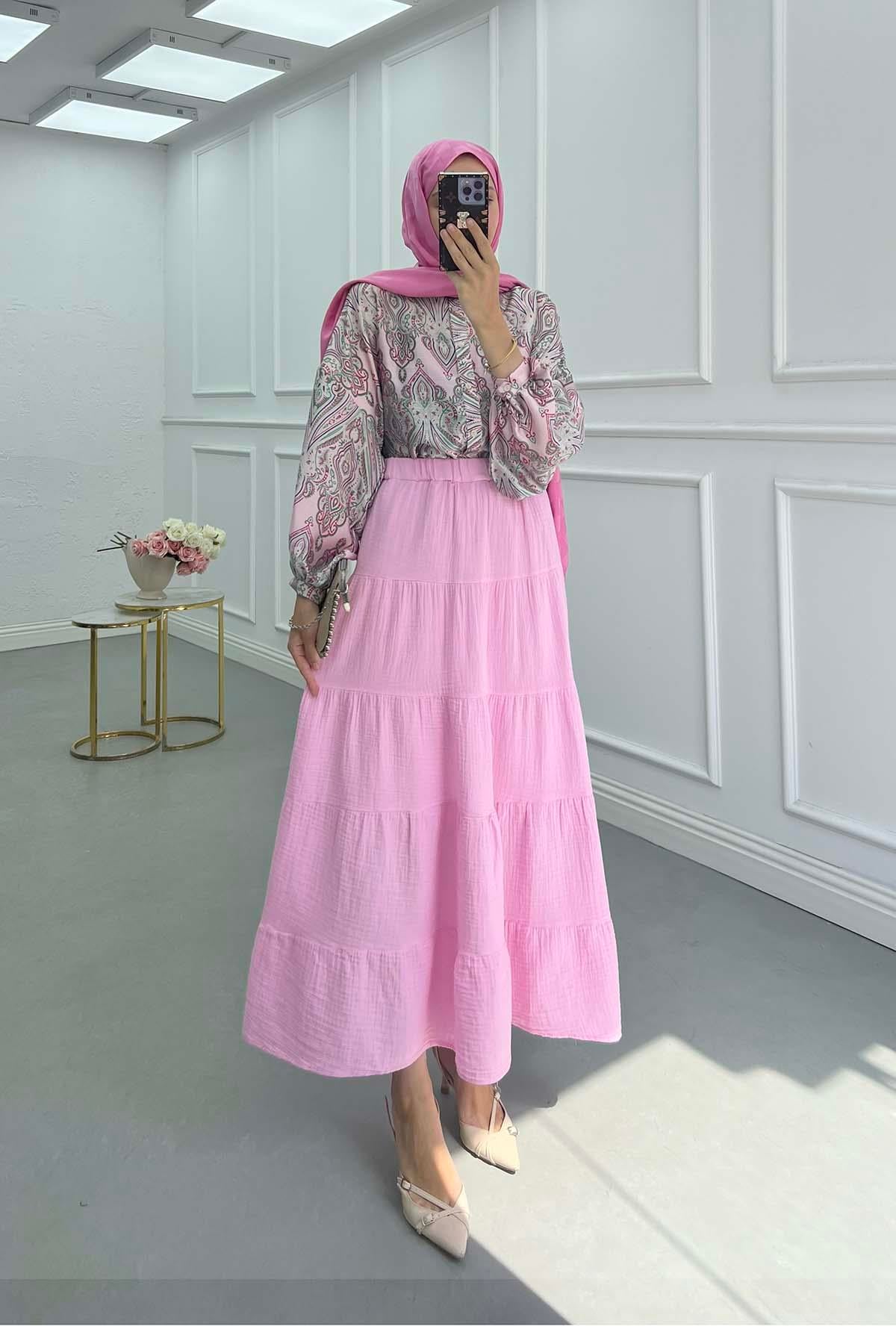 Beli Lastikli Pamuklu Astarlı Etek Pembe