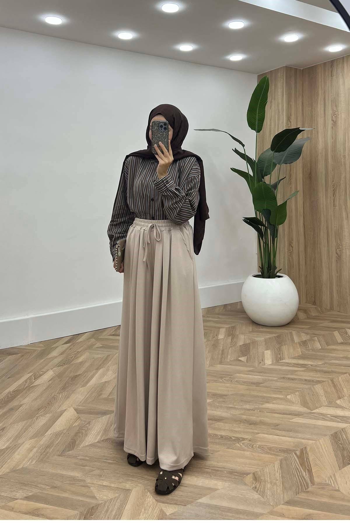 Beli Lastikli Rahat Kalıp Oysh Pantalon Vizon