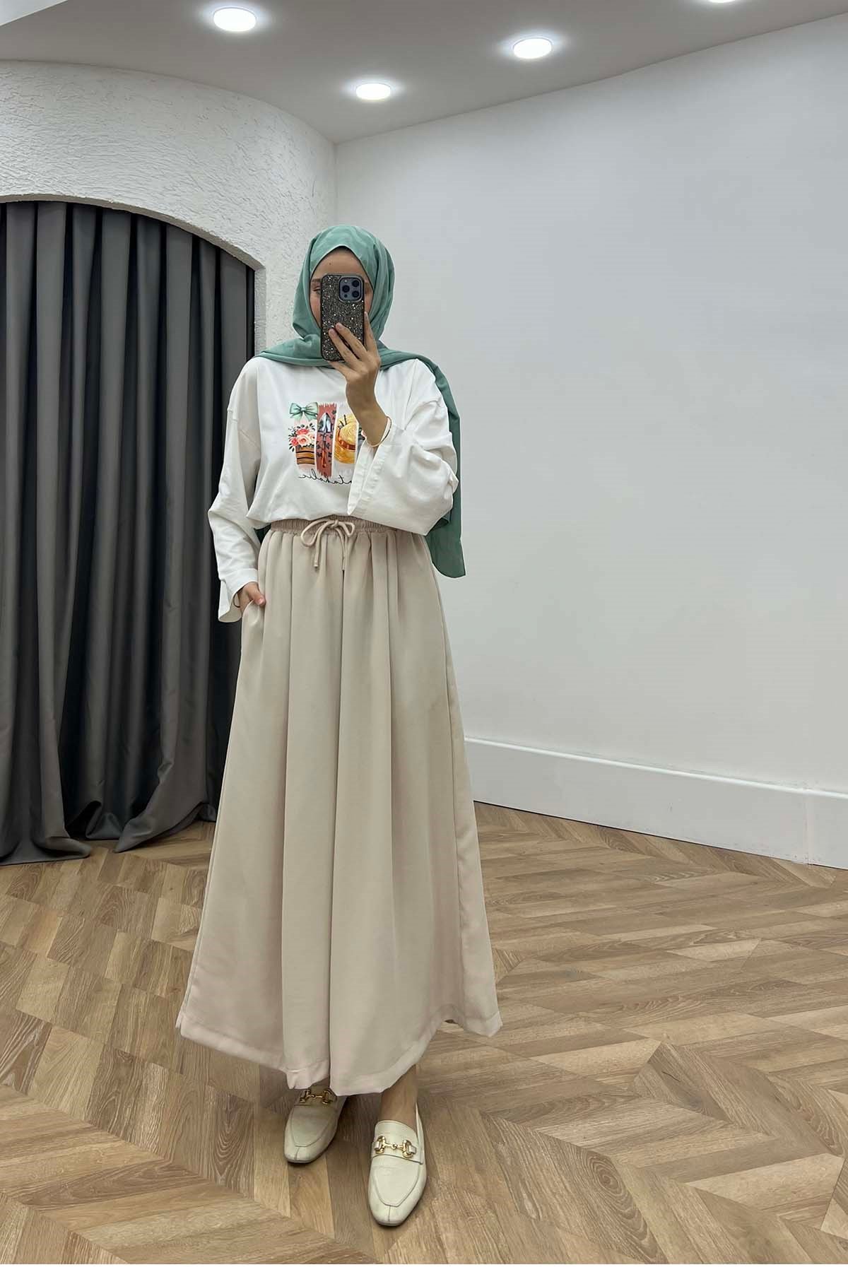 Beli Lastikli Rahat Kalıp Pantalon Ekru