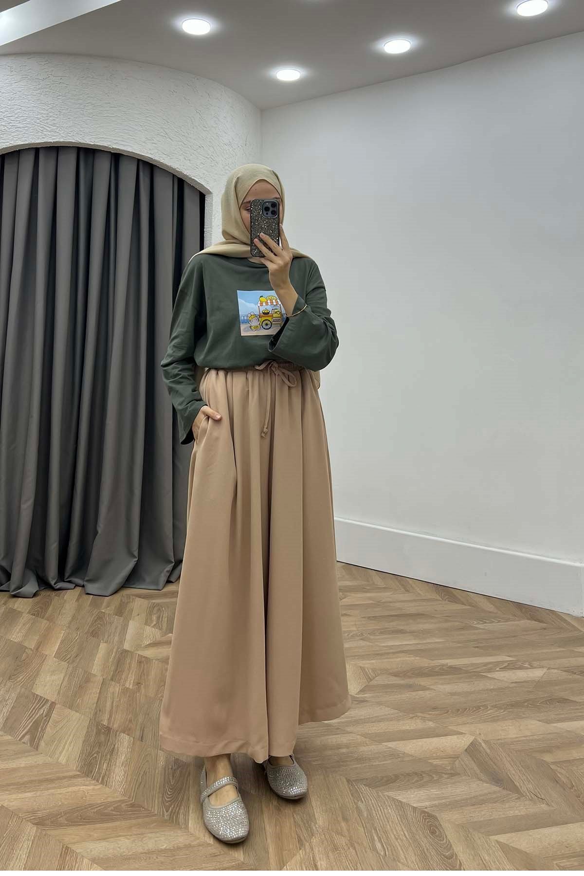 Beli Lastikli Rahat Kalıp Pantalon Krem