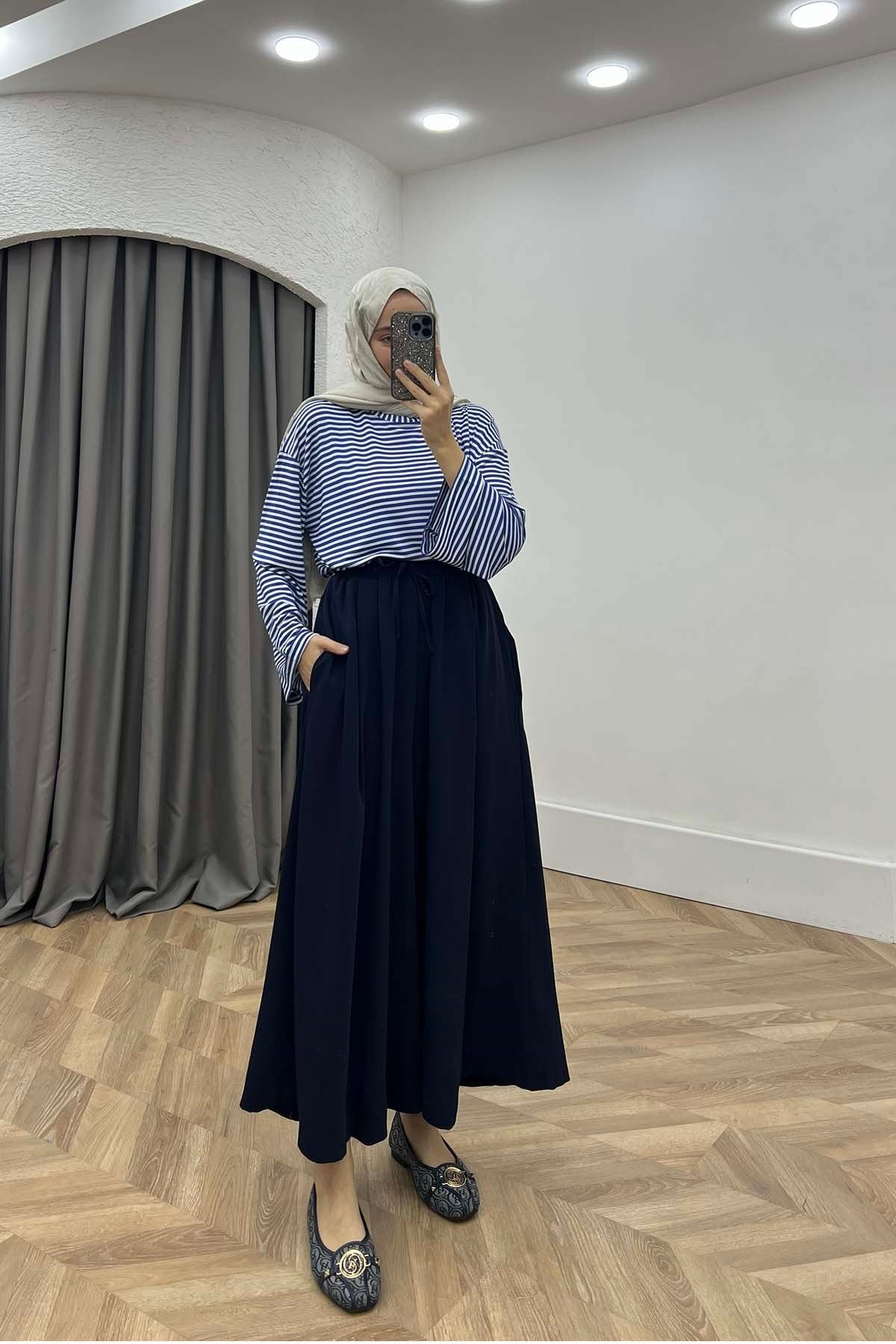 Beli Lastikli Rahat Kalıp Pantalon Lacivert