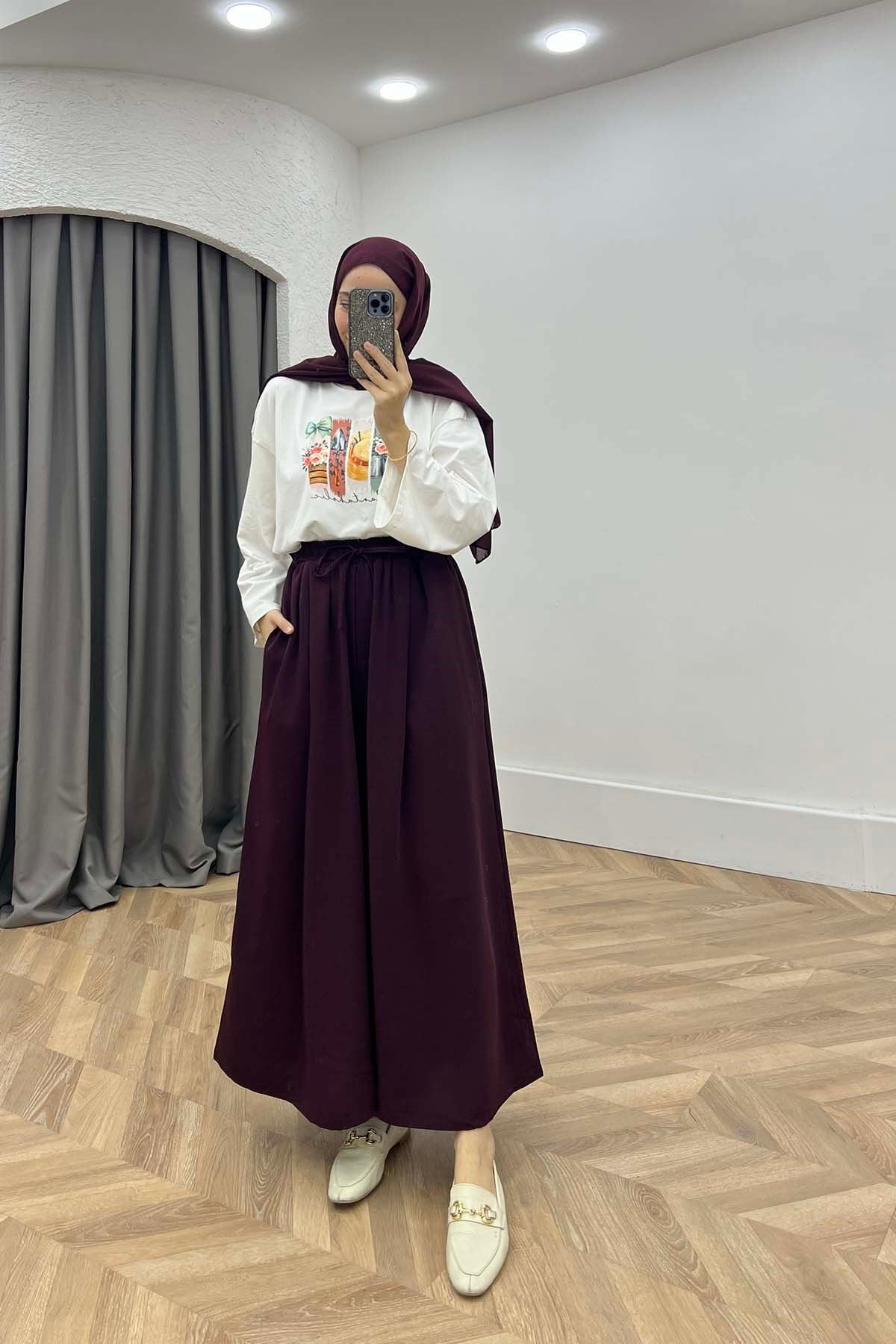 Beli Lastikli Rahat Kalıp Pantalon Mürdüm