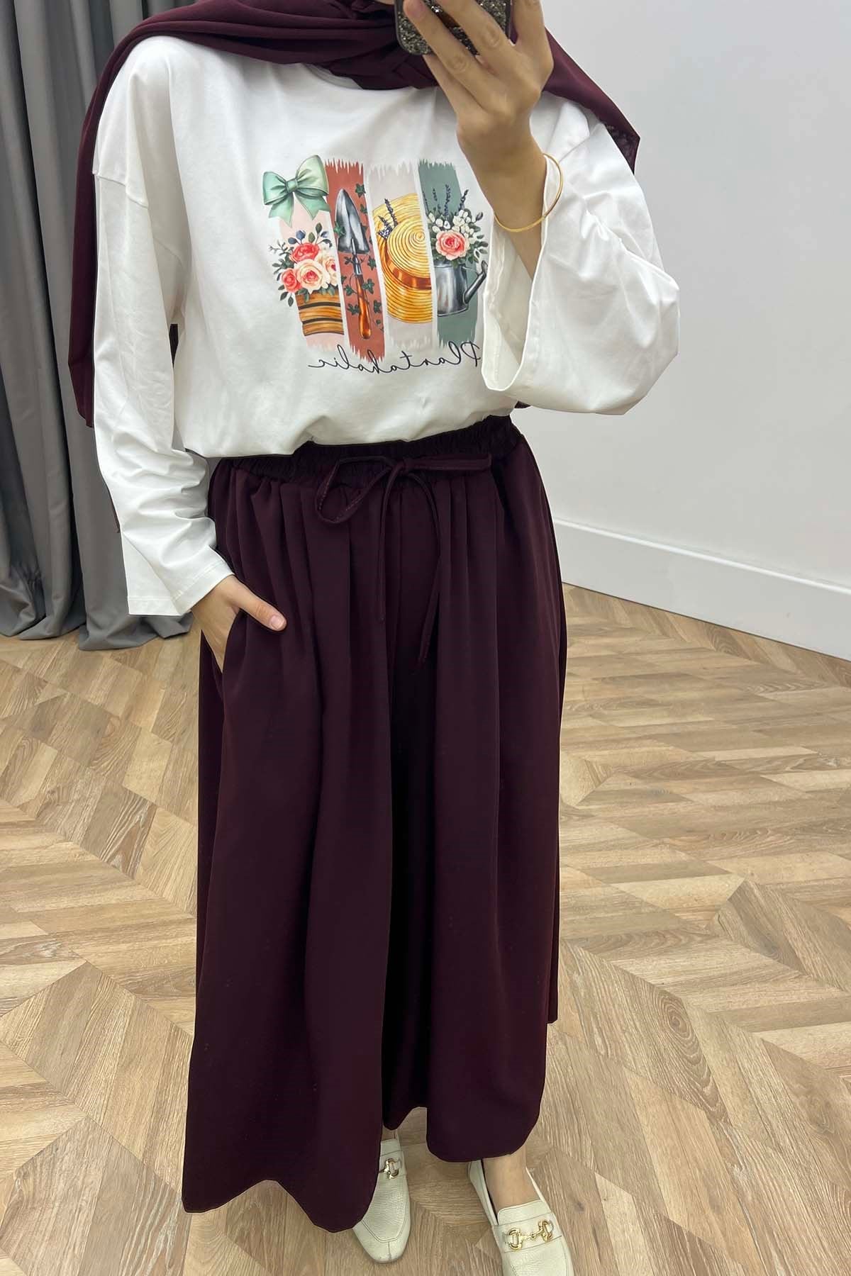 Beli Lastikli Rahat Kalıp Pantalon Mürdüm