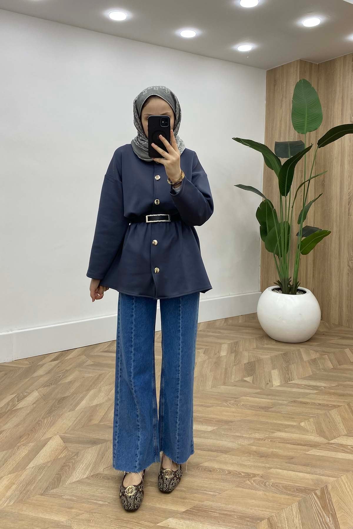 Bisiklet Yaka Bel Büzgülü Modern Tunik Gri