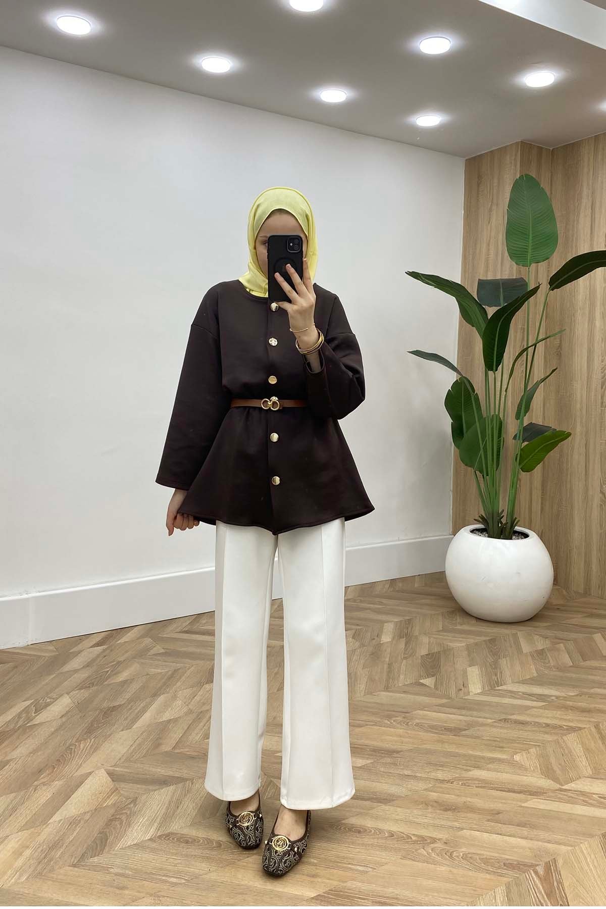 Bisiklet Yaka Bel Büzgülü Modern Tunik K.Kahve