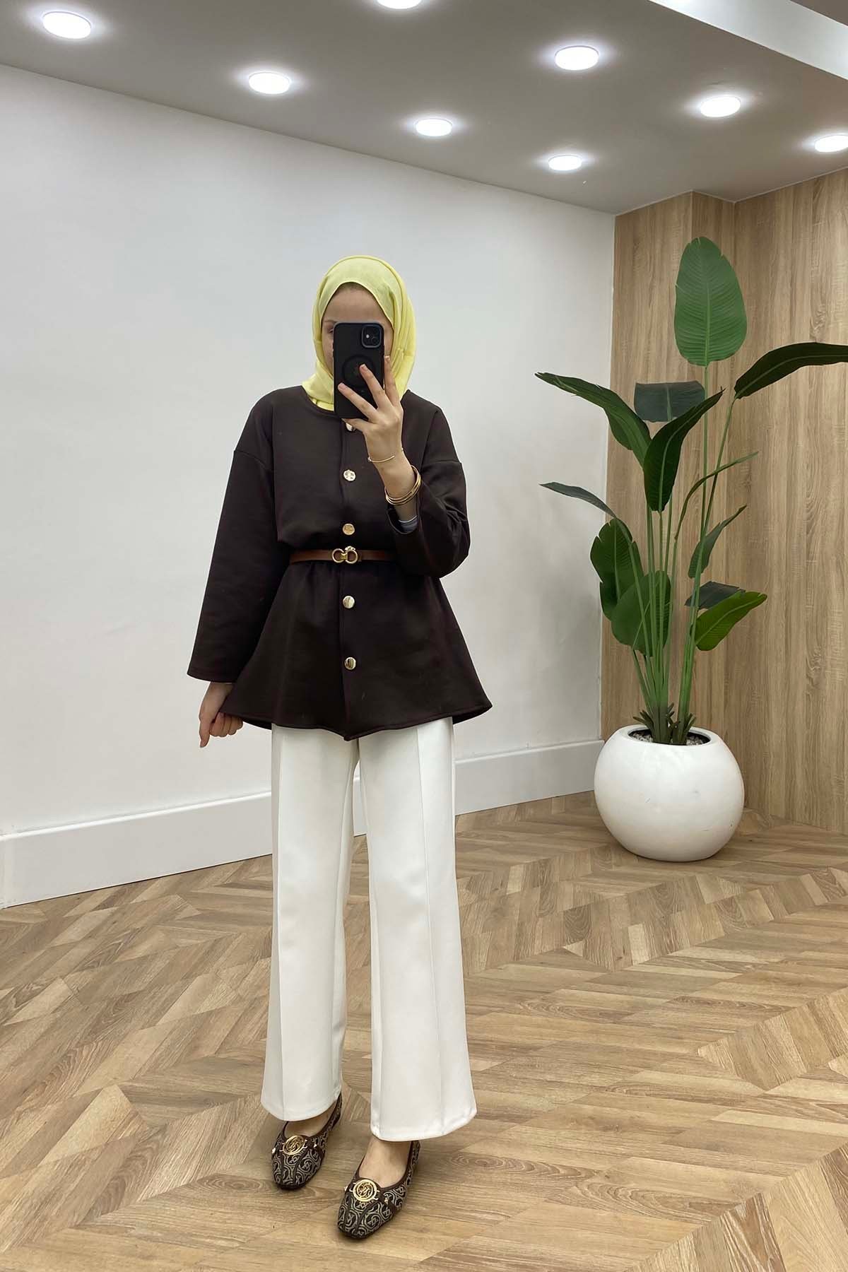 Bisiklet Yaka Bel Büzgülü Modern Tunik K.Kahve