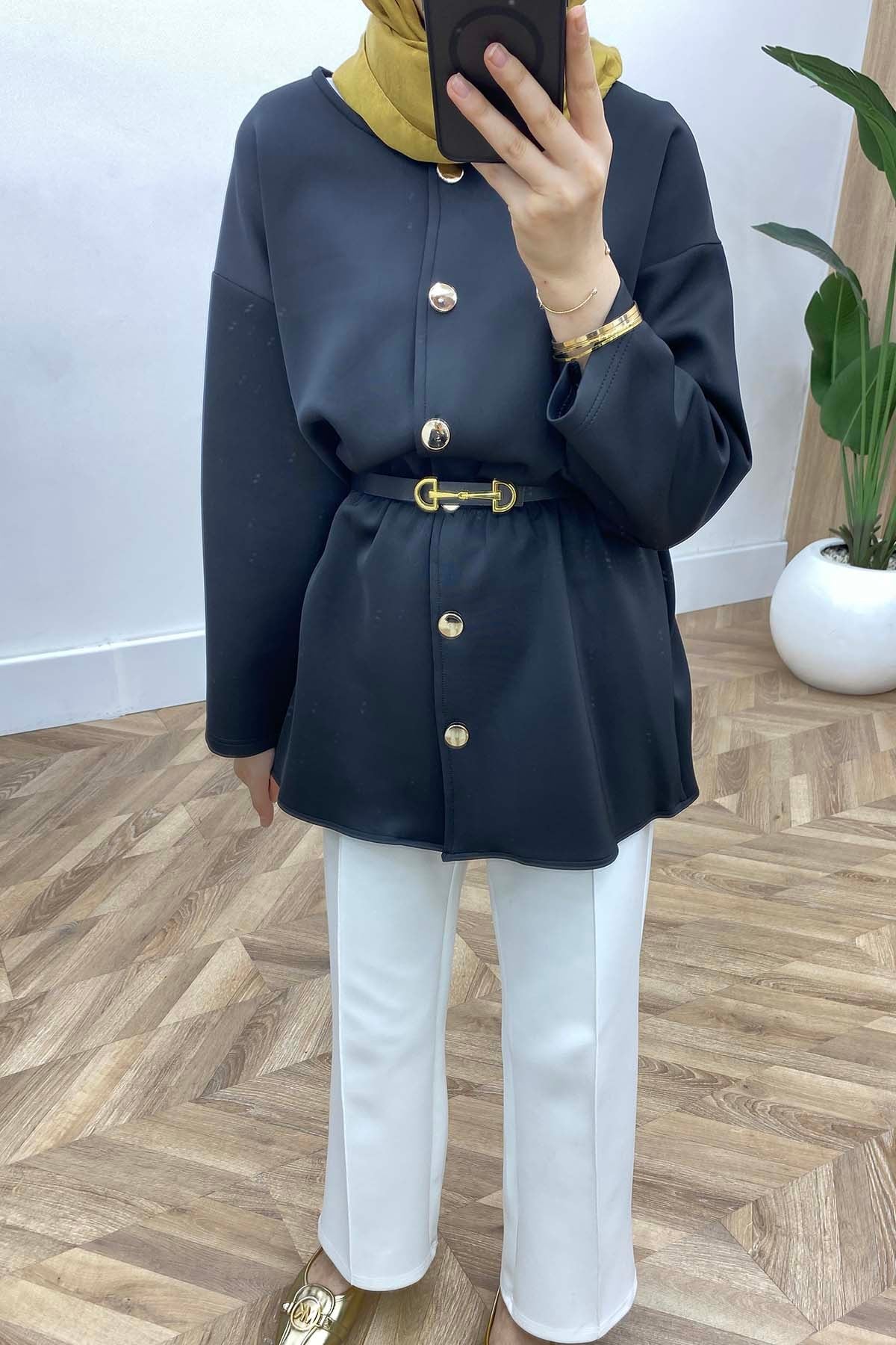 Bisiklet Yaka Bel Büzgülü Modern Tunik Siyah