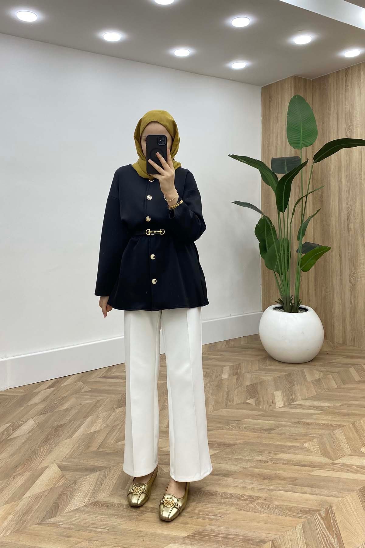 Bisiklet Yaka Bel Büzgülü Modern Tunik Siyah