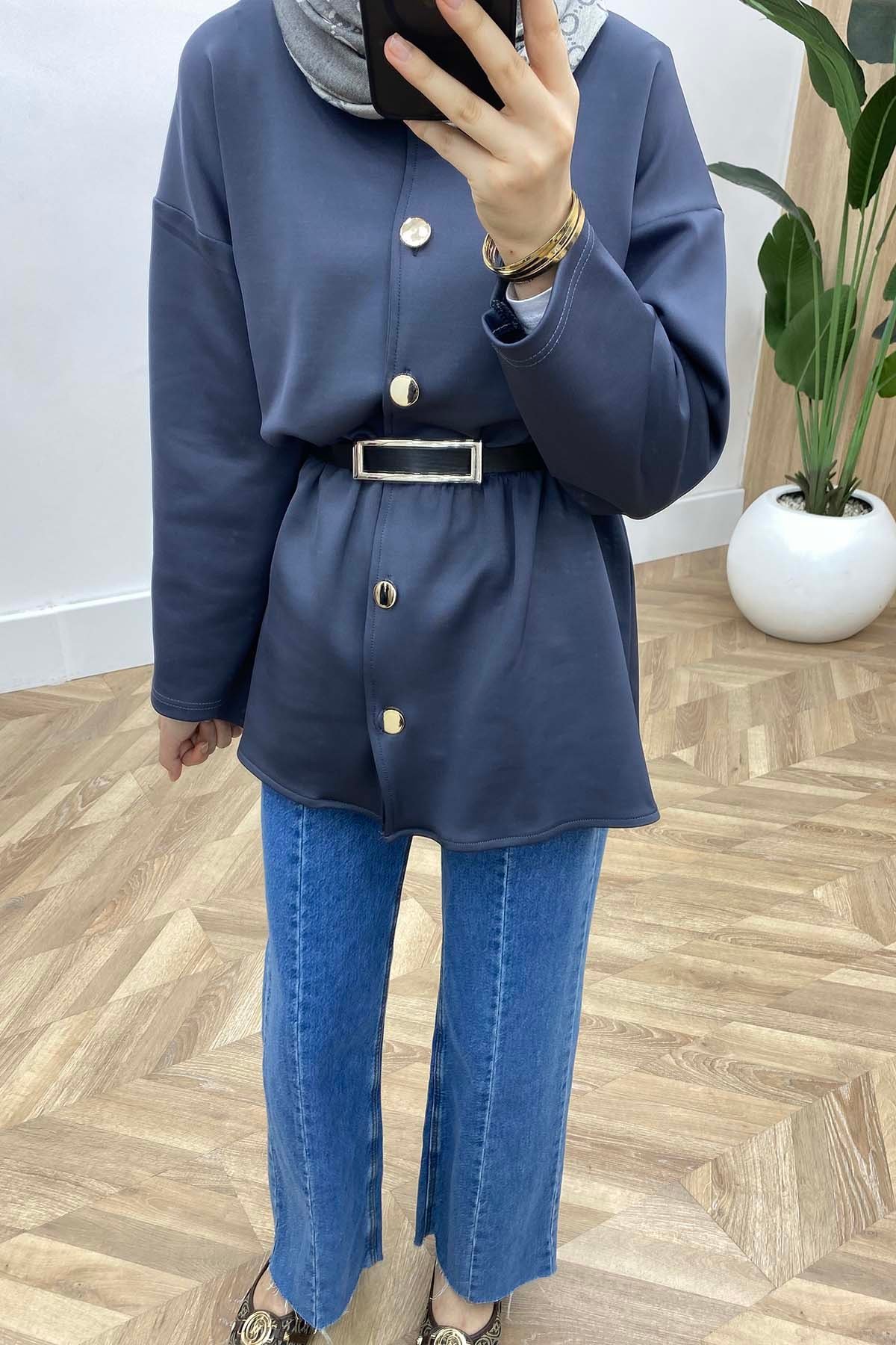 Bisiklet Yaka Bel Büzgülü Modern Tunik Gri