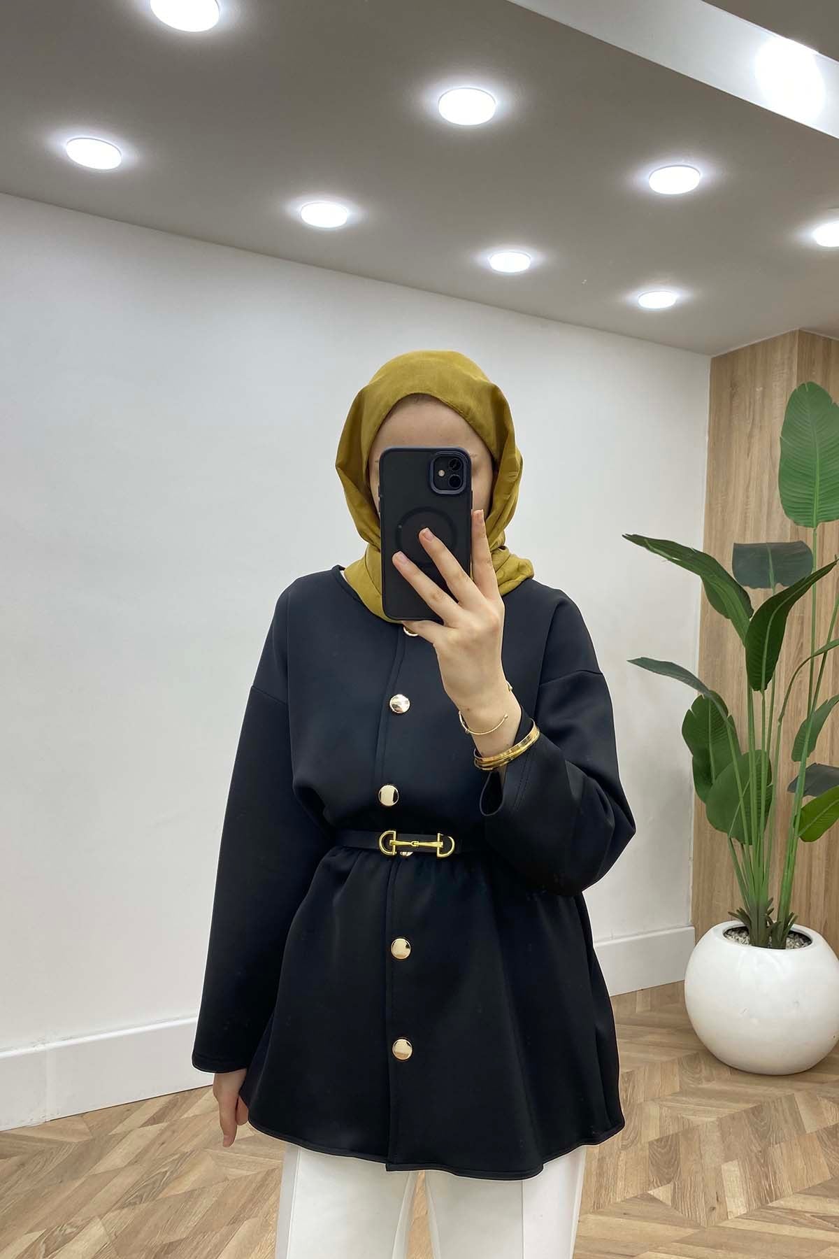 Bisiklet Yaka Bel Büzgülü Modern Tunik Siyah