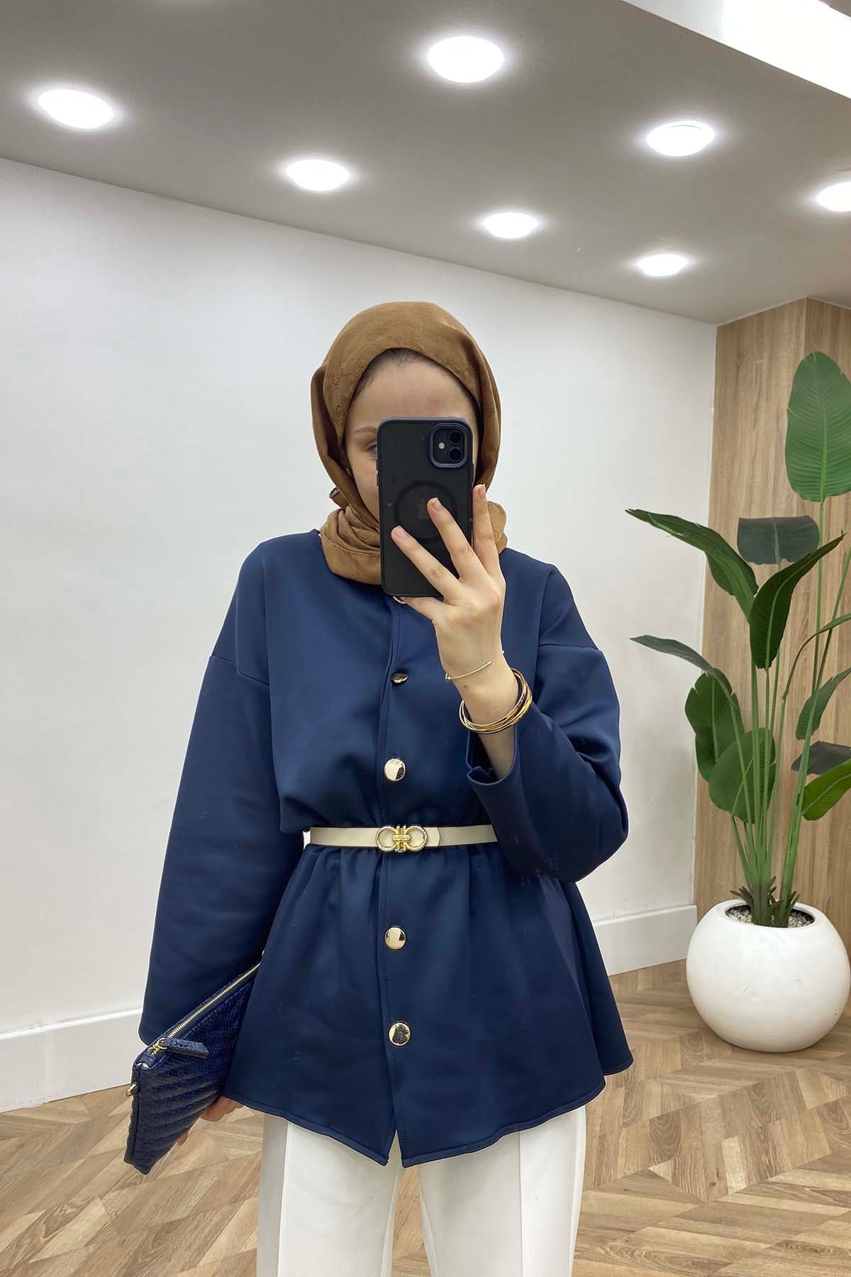 Bisiklet Yaka Bel Büzgülü Modern Tunik Lacivert