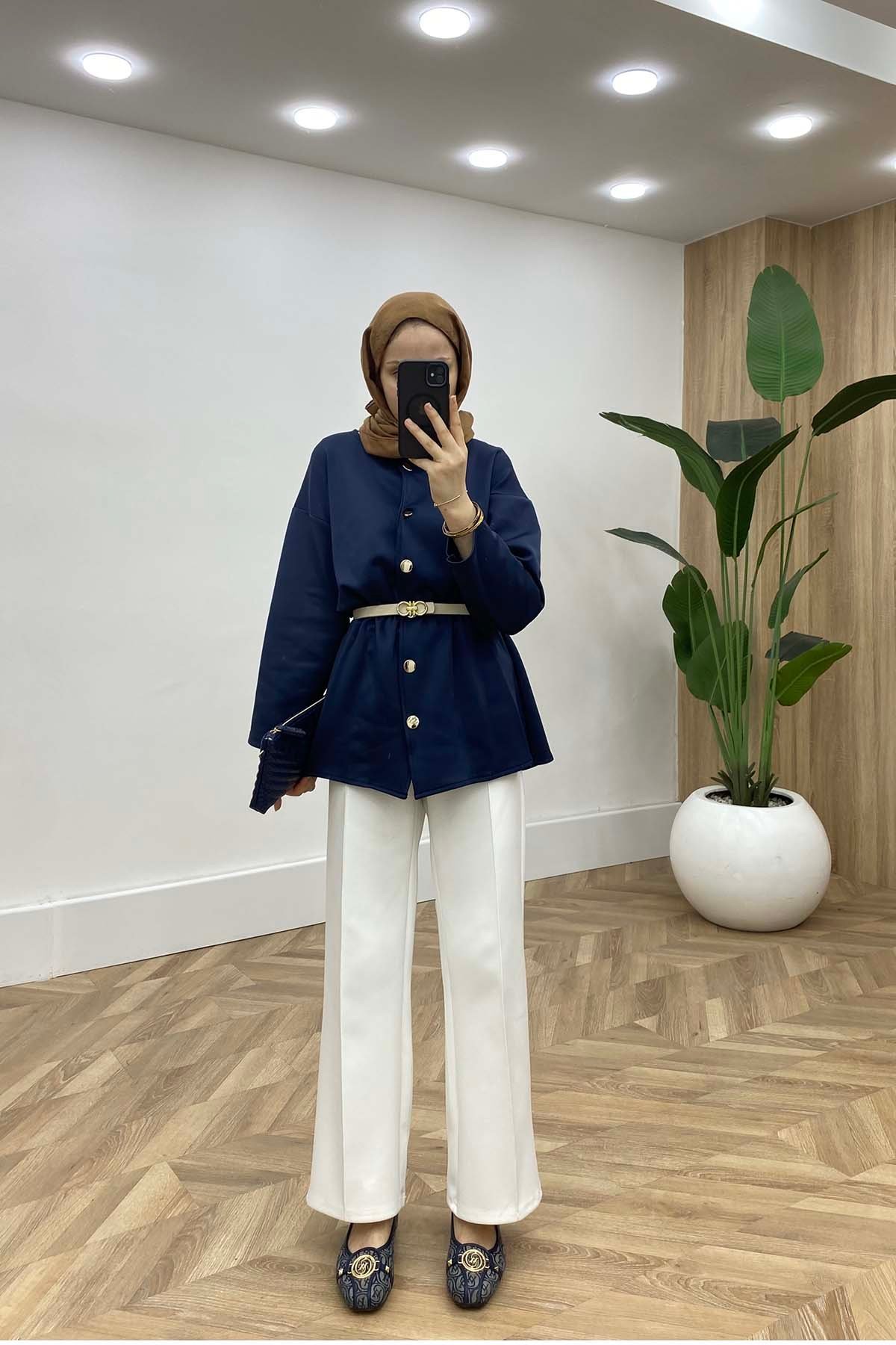Bisiklet Yaka Bel Büzgülü Modern Tunik Lacivert