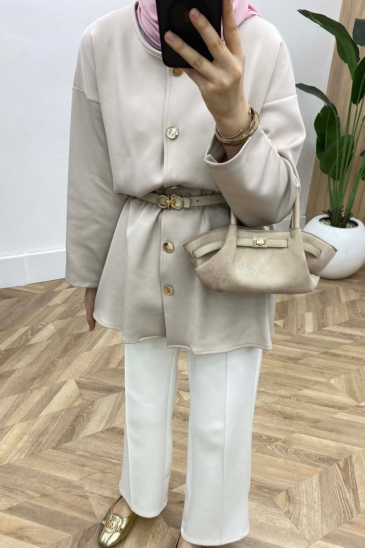 Bisiklet Yaka Bel Büzgülü Modern Tunik Taş