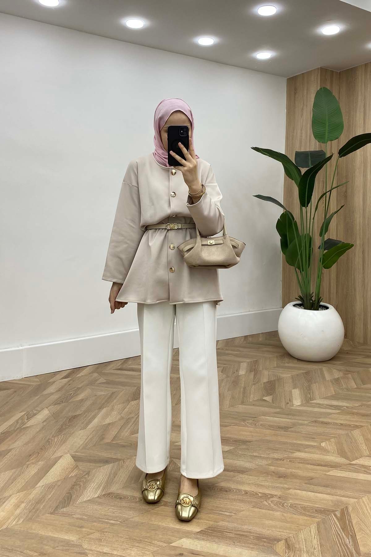 Bisiklet Yaka Bel Büzgülü Modern Tunik Taş