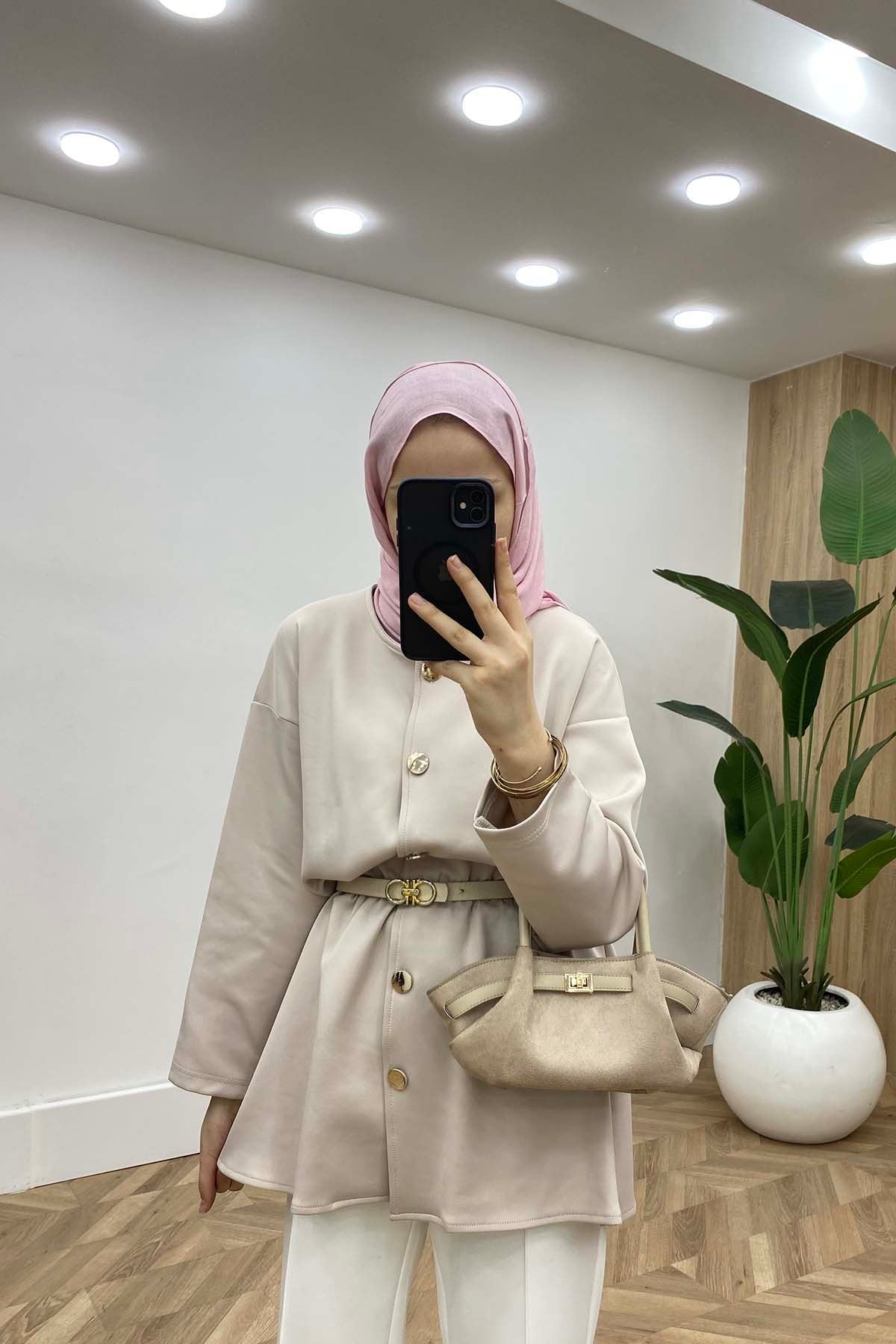 Bisiklet Yaka Bel Büzgülü Modern Tunik Taş