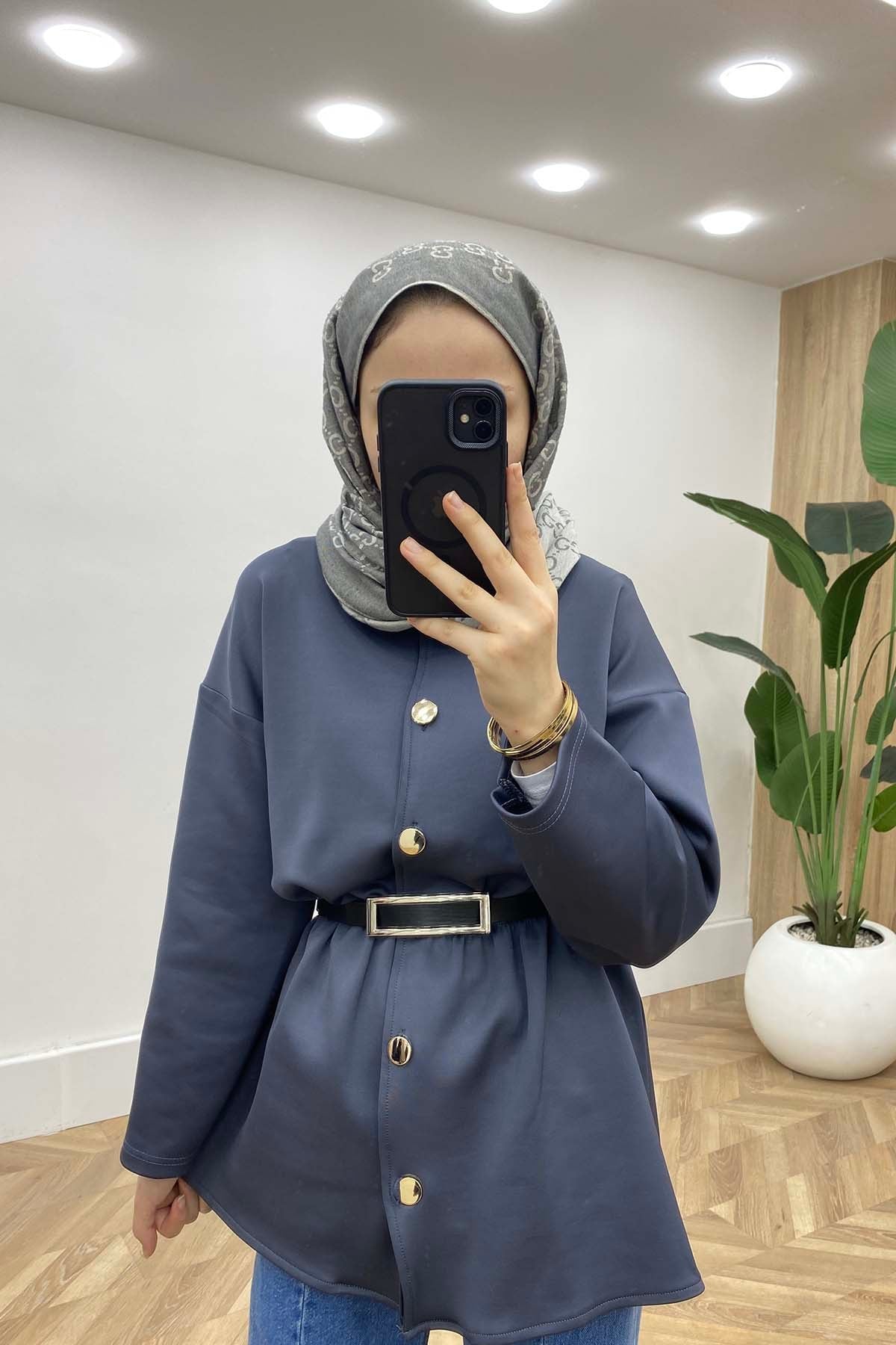 Bisiklet Yaka Bel Büzgülü Modern Tunik Gri