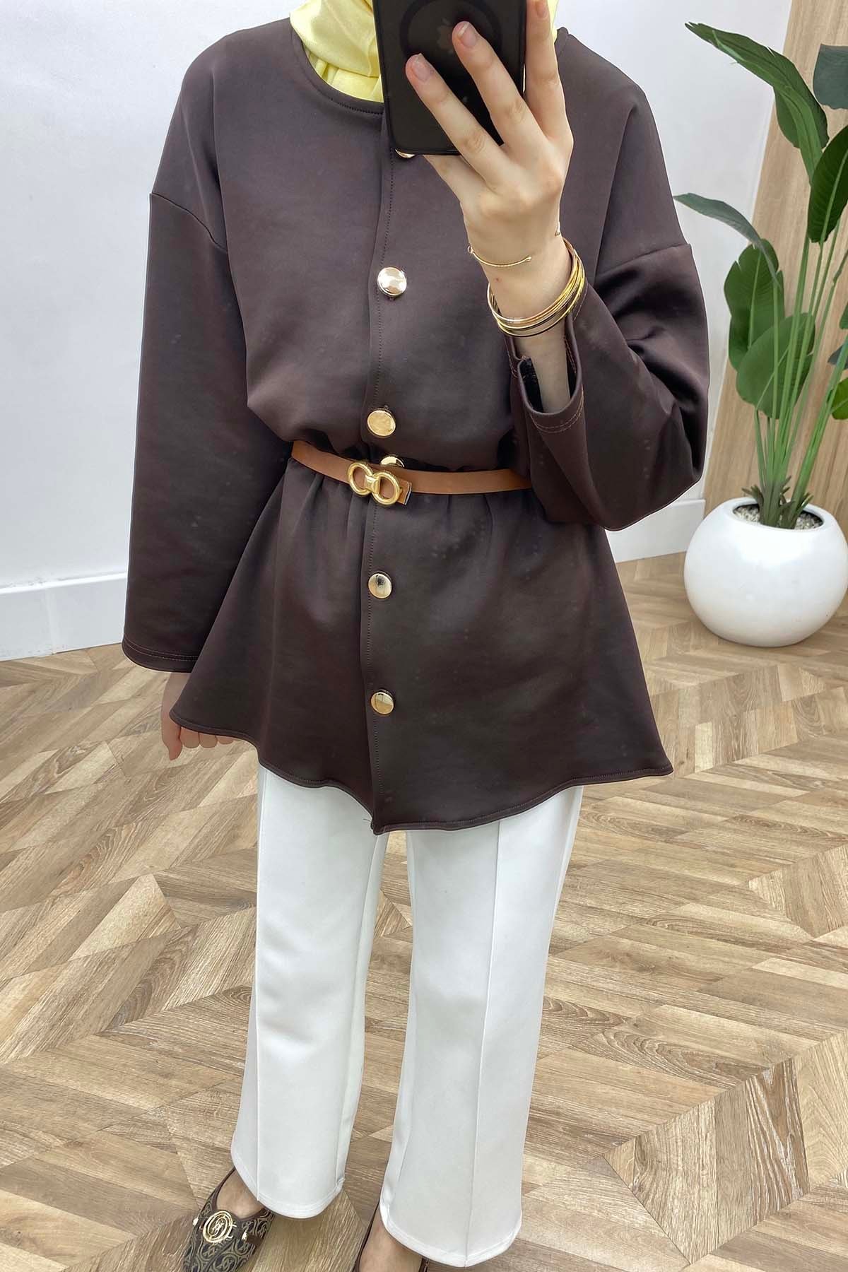 Bisiklet Yaka Bel Büzgülü Modern Tunik K.Kahve