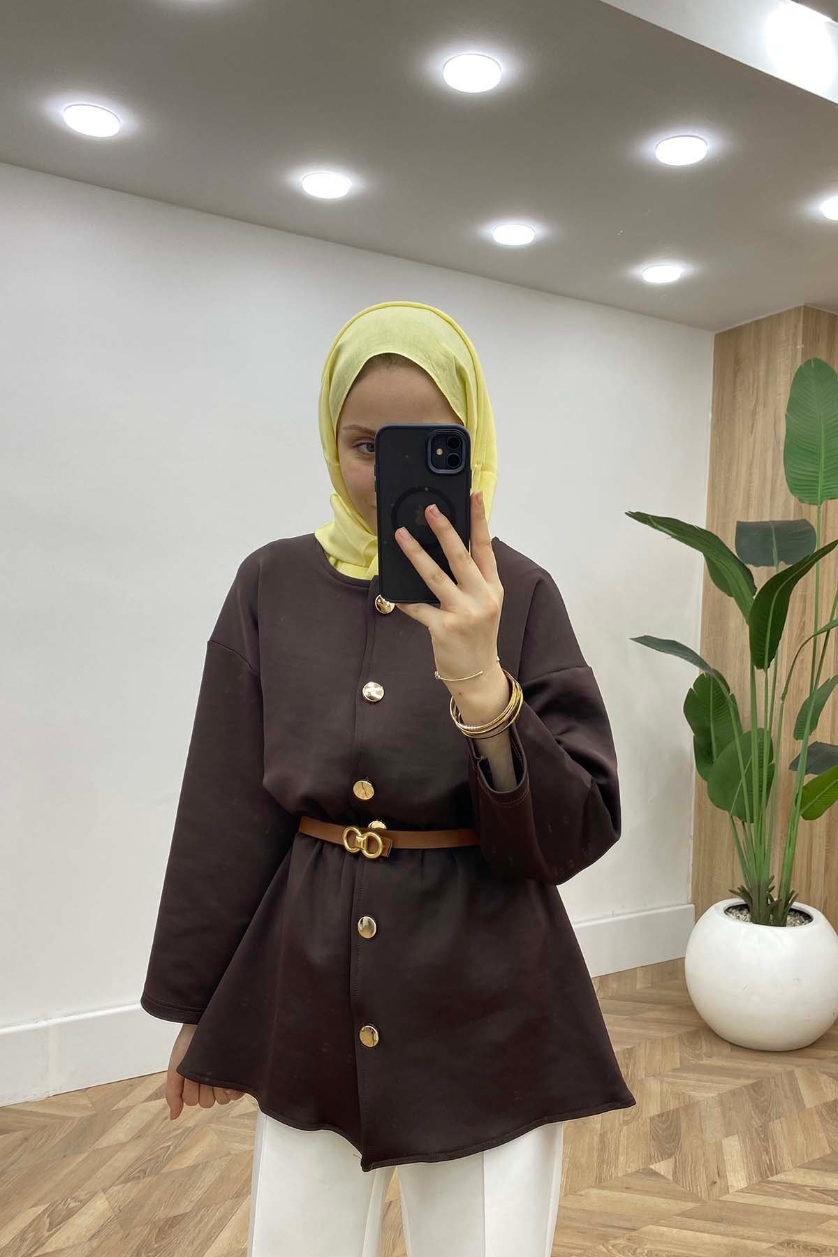 Bisiklet Yaka Bel Büzgülü Modern Tunik K.Kahve