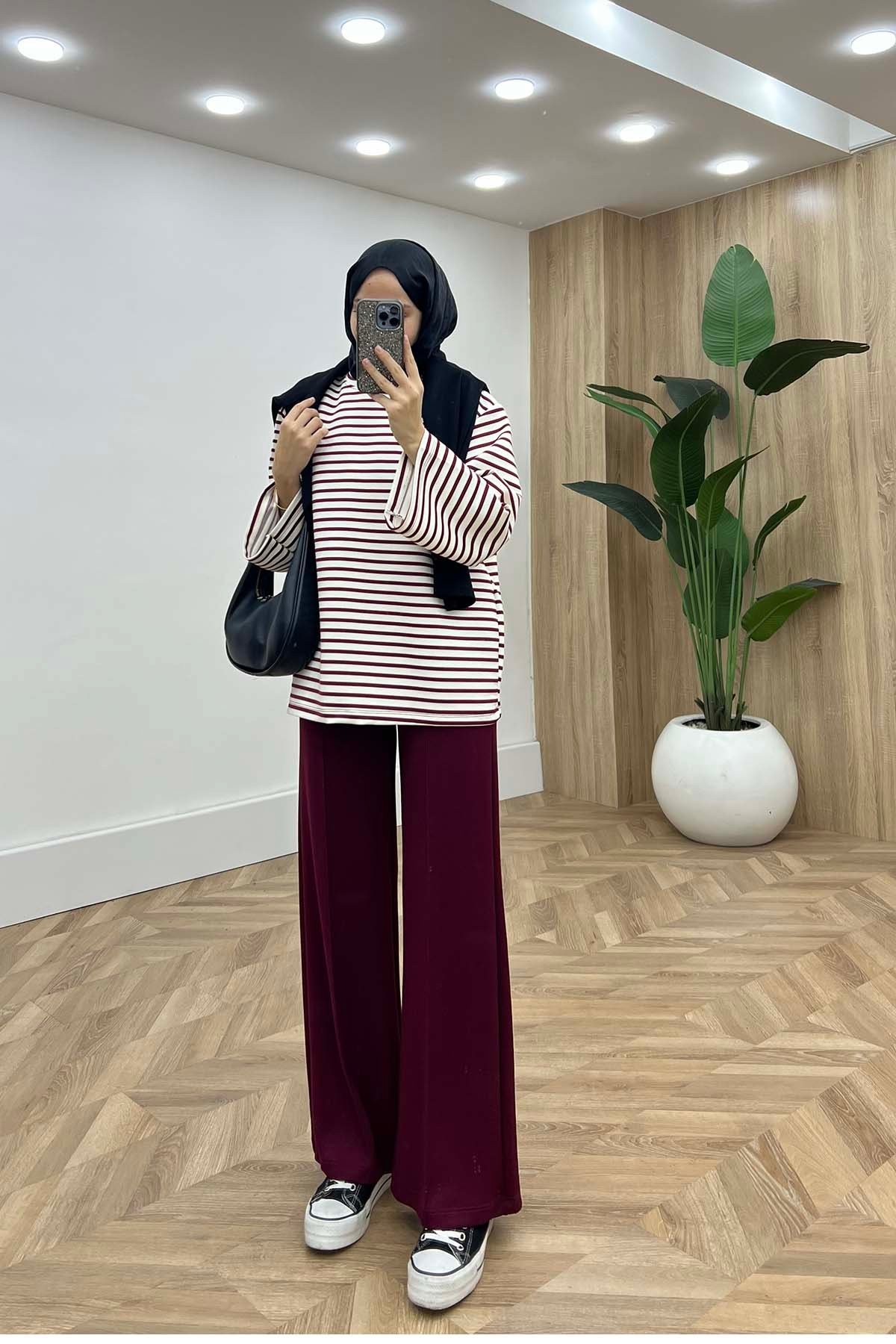 Bisiklet Yaka Çizgili Oysh Sweatshirt Bordo
