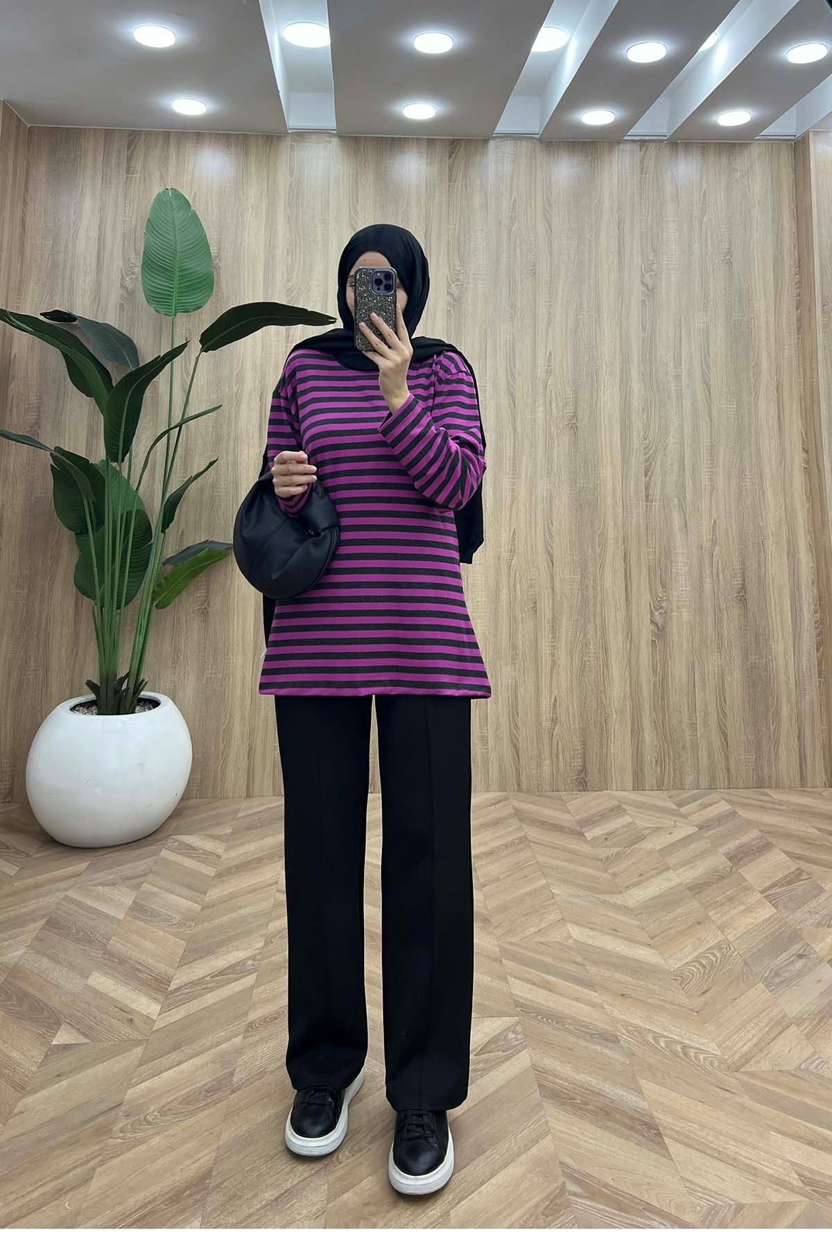 Bisiklet Yaka Çizgili Penye Sweatshirt Pembe