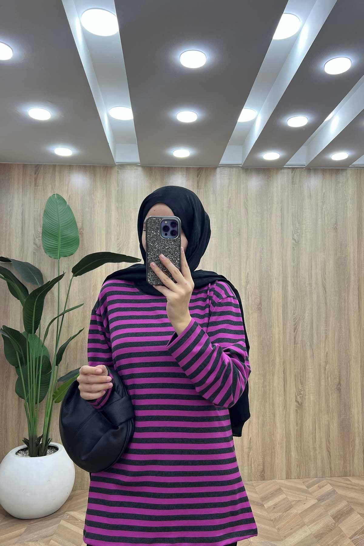 Bisiklet Yaka Çizgili Penye Sweatshirt Pembe